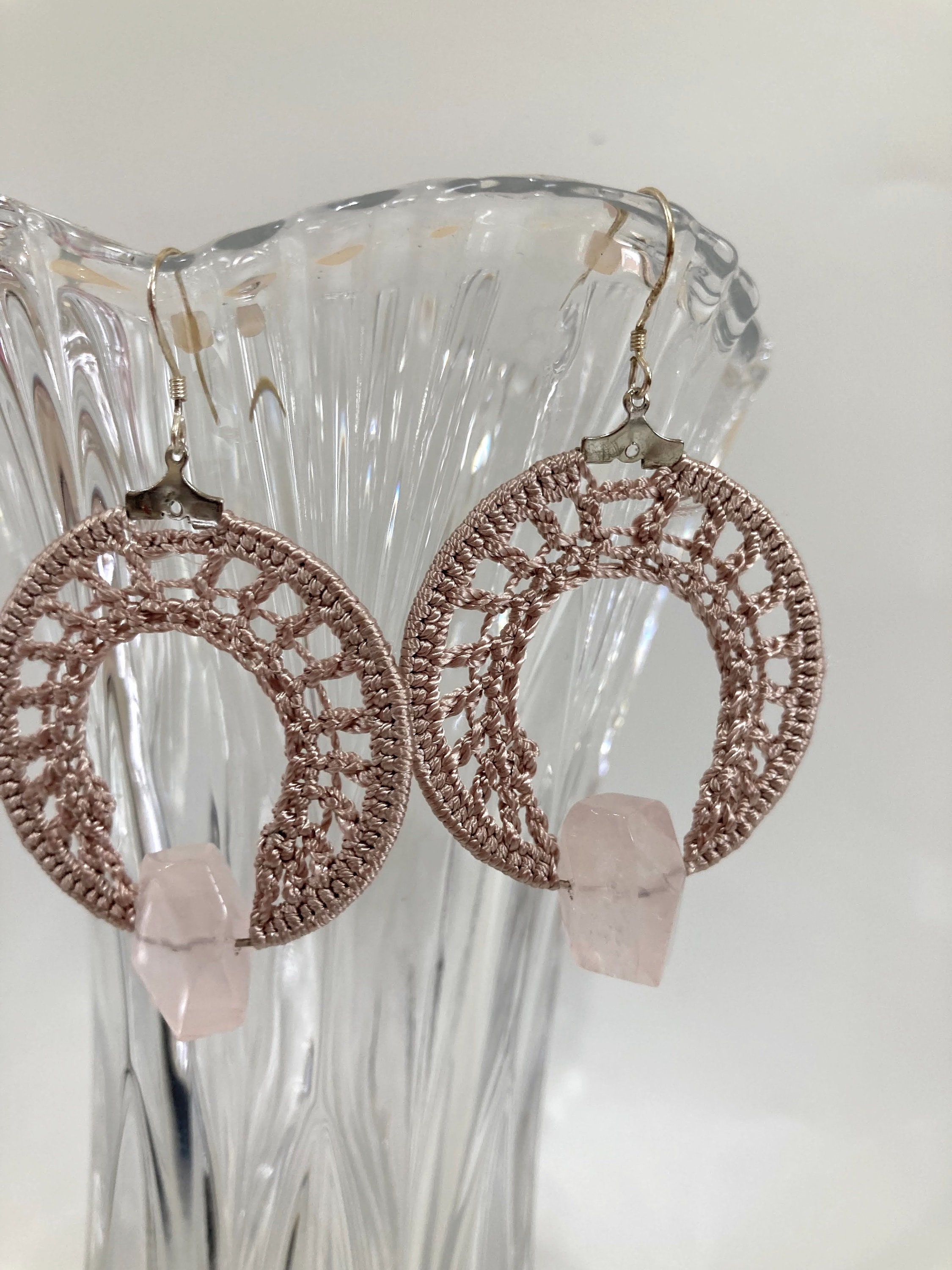 Quartz Dangle Crochet Earrings, Champagne Raw Crystal Earrings, Silky Shimmer Bridal Hoop Earrings, Zodiac Jewelry, Gift for Brides Mom - Thumbnail 4
