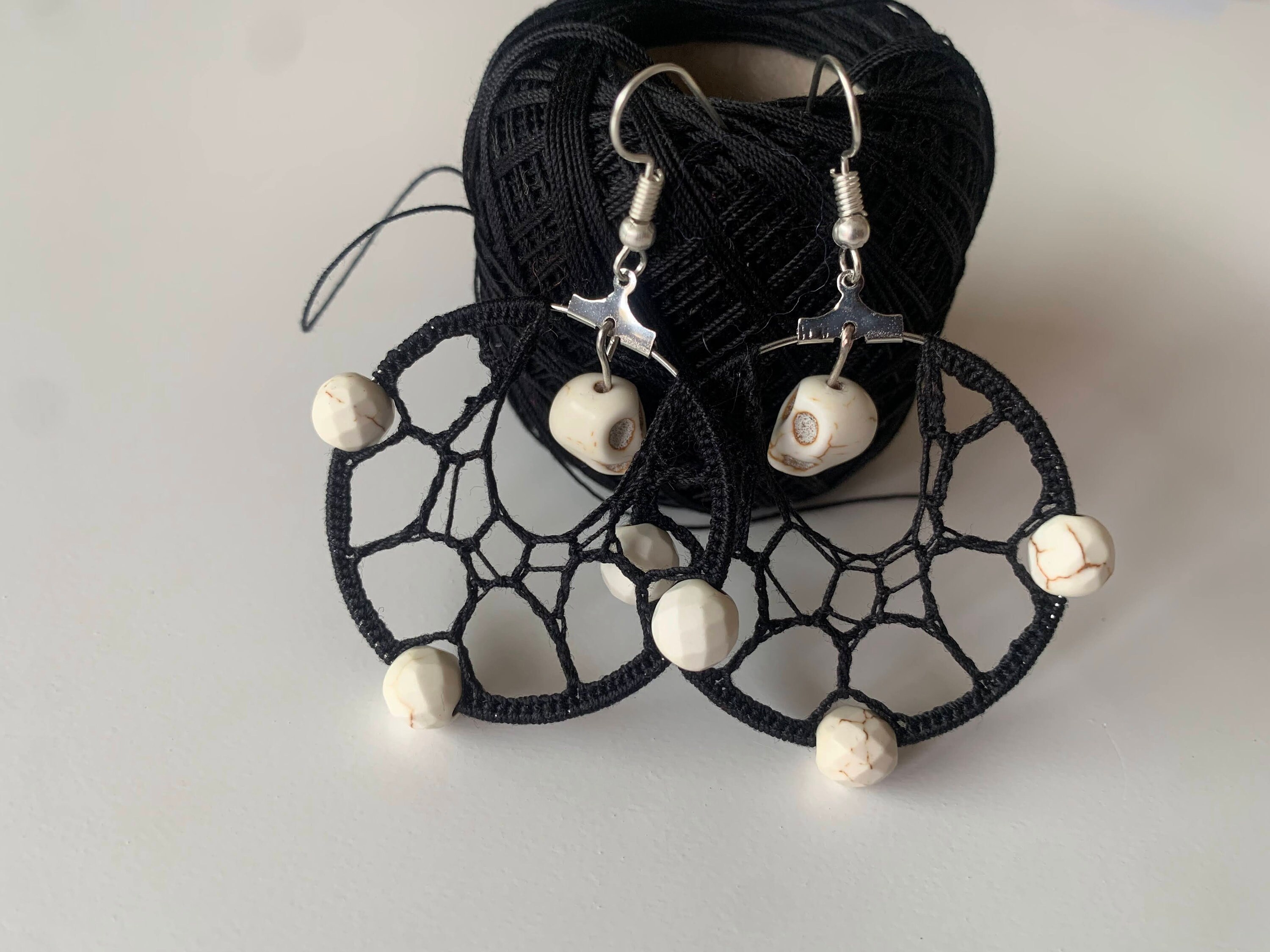 Dangle Spooky Earrings, Bead Crochet Earrings, Handmade Rock Chic Skeleton Skull Earrings, Spider Web Drop Earrings, Black Lace Earrings - Thumbnail 7