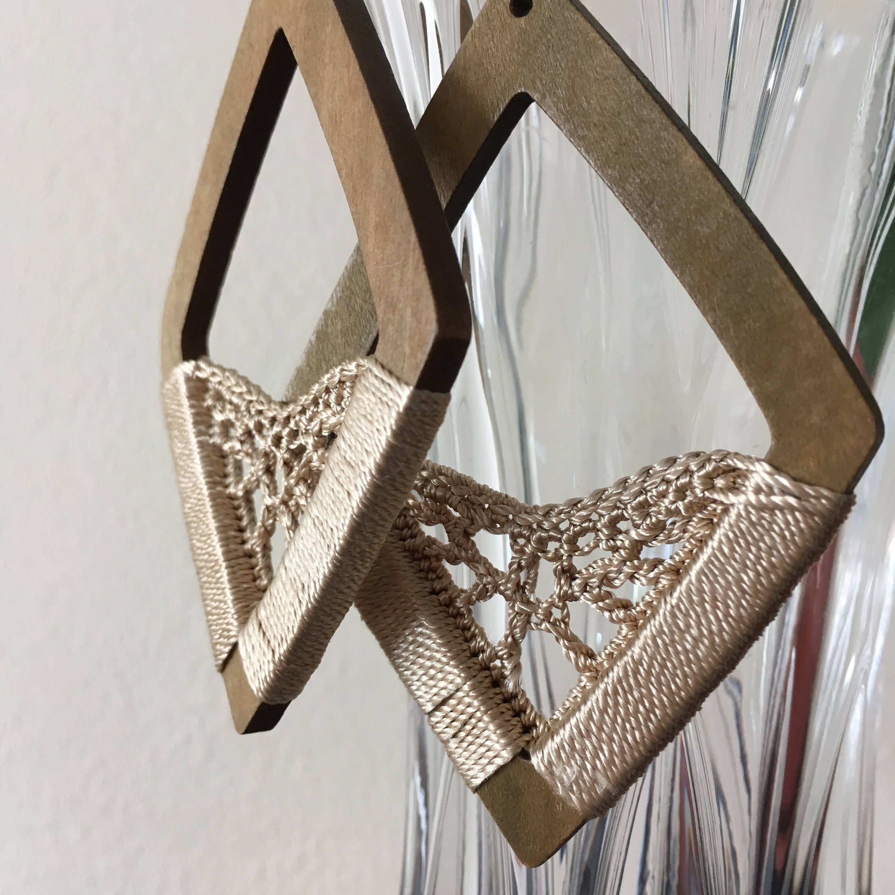 Champagne Beige Silk Crochet Earrings, Large Rhombus Brown Wood Drop Earrings, Aesthetic Handmade Jewelry, Artesian Fashion Gift for Her - Thumbnail 3