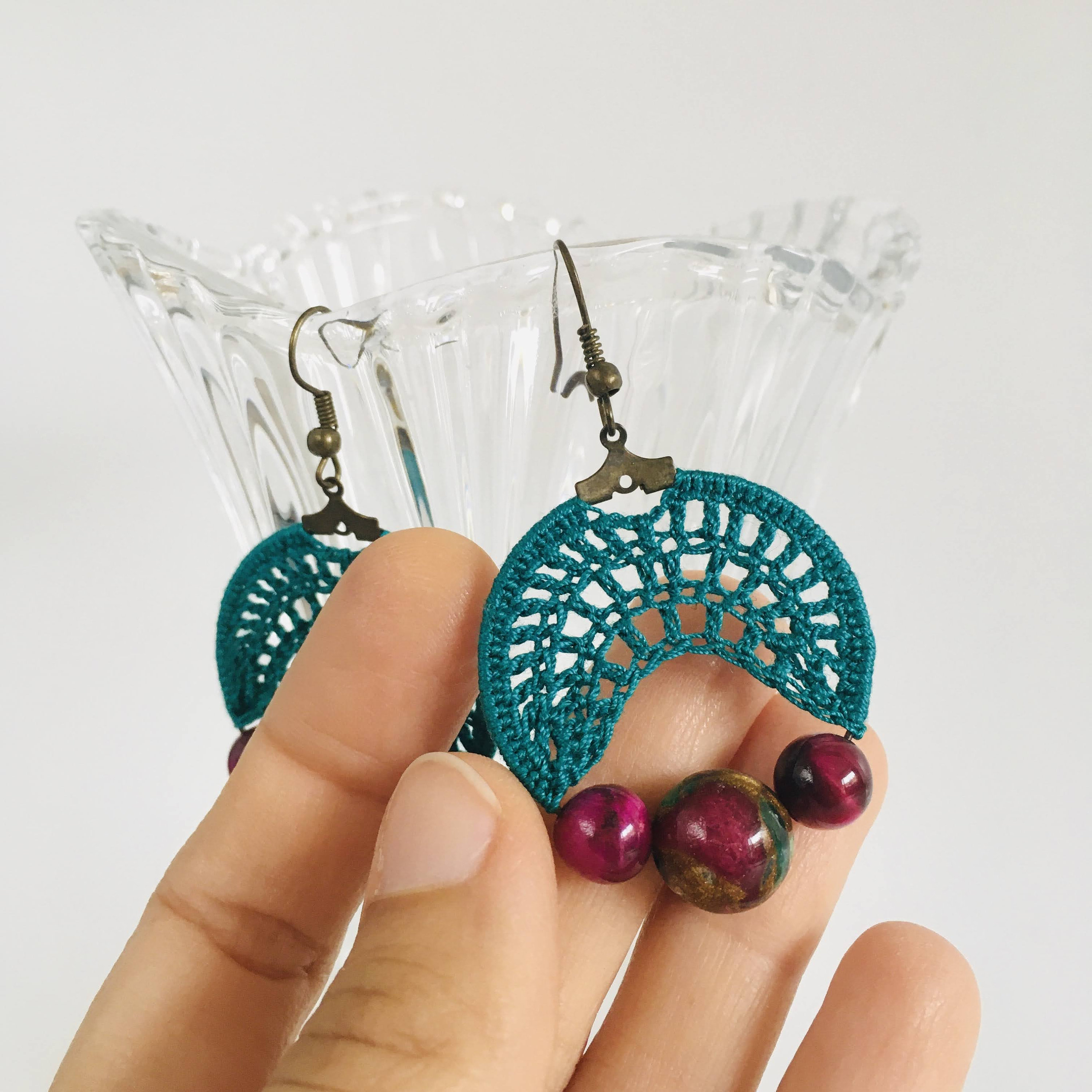 Emerald Green Dangling Crochet Earrings with Purple Glass Cat's Eye Beads, Bright Bold Color Block Hoop Earrings, Statement Cotton Jewelry - Thumbnail 5