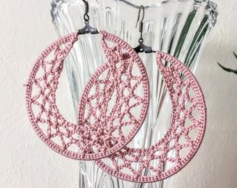 Pink Geometric Crochet Earrings for Bold Women, Unique Statement Big Hoop Earrings, Cotton Lace Crochet Jewelry, Large Round Doily Earrings