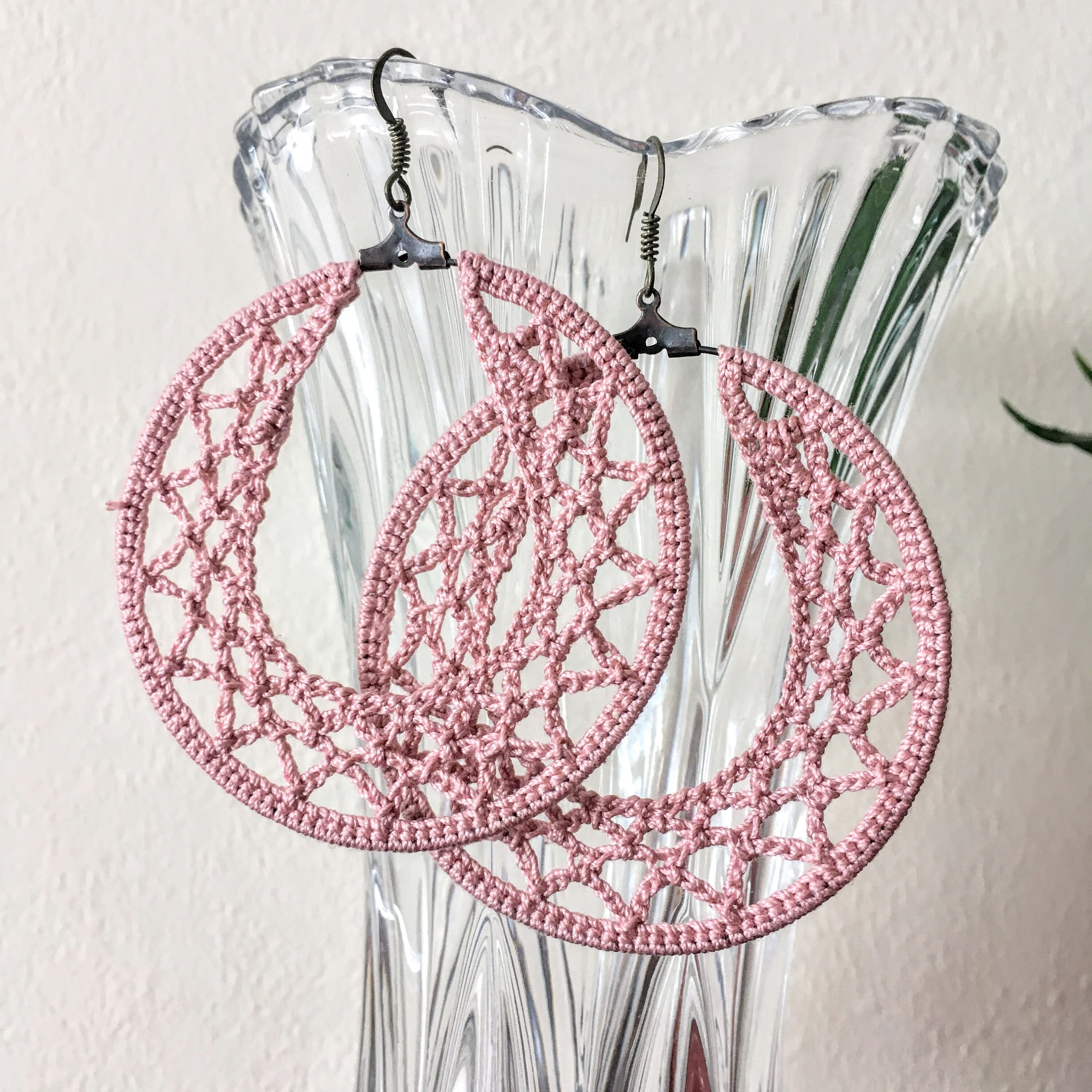Pink Geometric Crochet Earrings for Bold Women, Unique Statement Big Hoop Earrings, Cotton Lace Crochet Jewelry, Large Round Doily Earrings