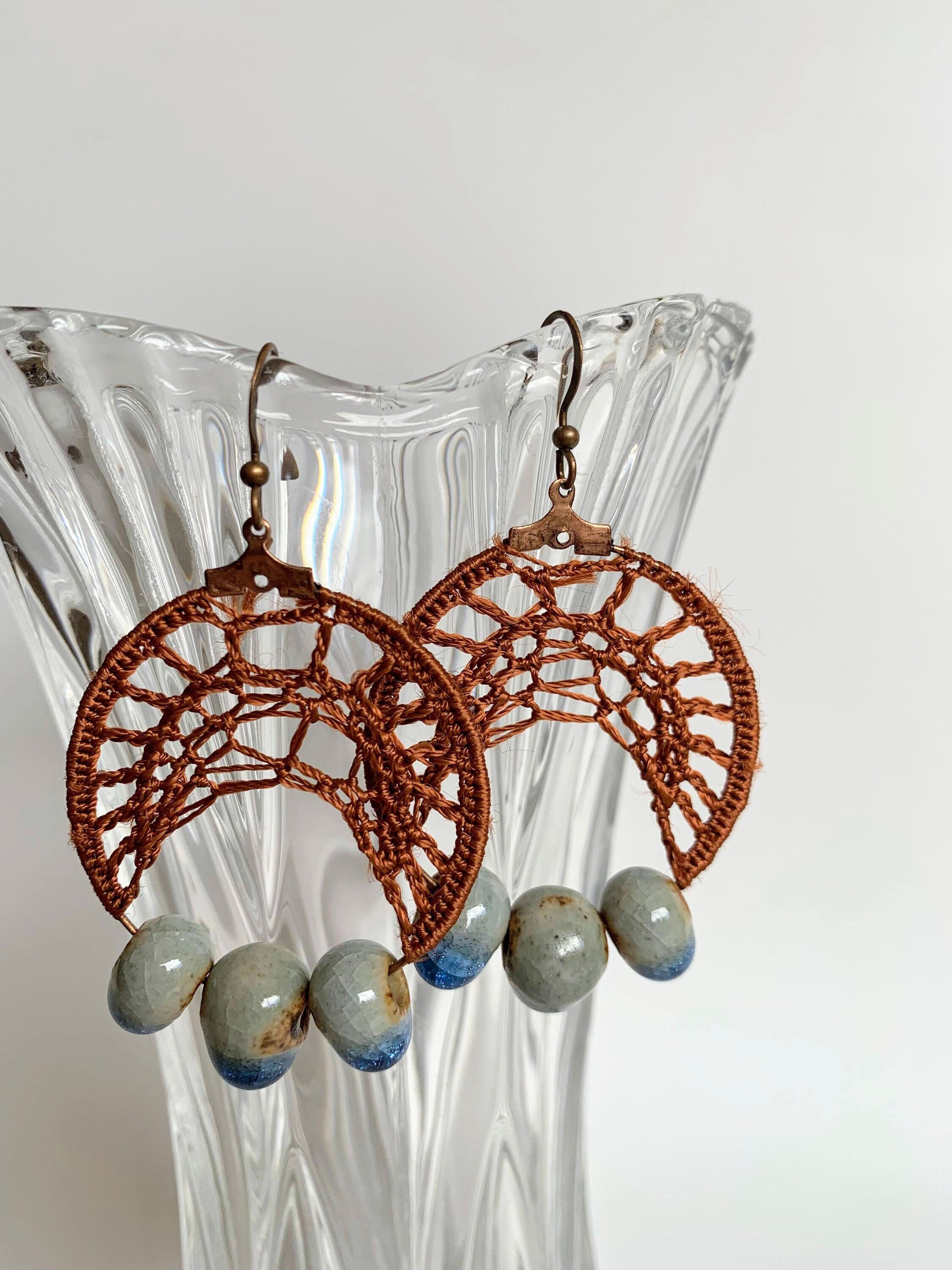 Cottagecore Copper Brown Rust Earrings, Ceramic Dangle Hoop Earrings, Bohemian Crochet Earrings, Boho Silky Lace Earrings, Tribal Jewelry