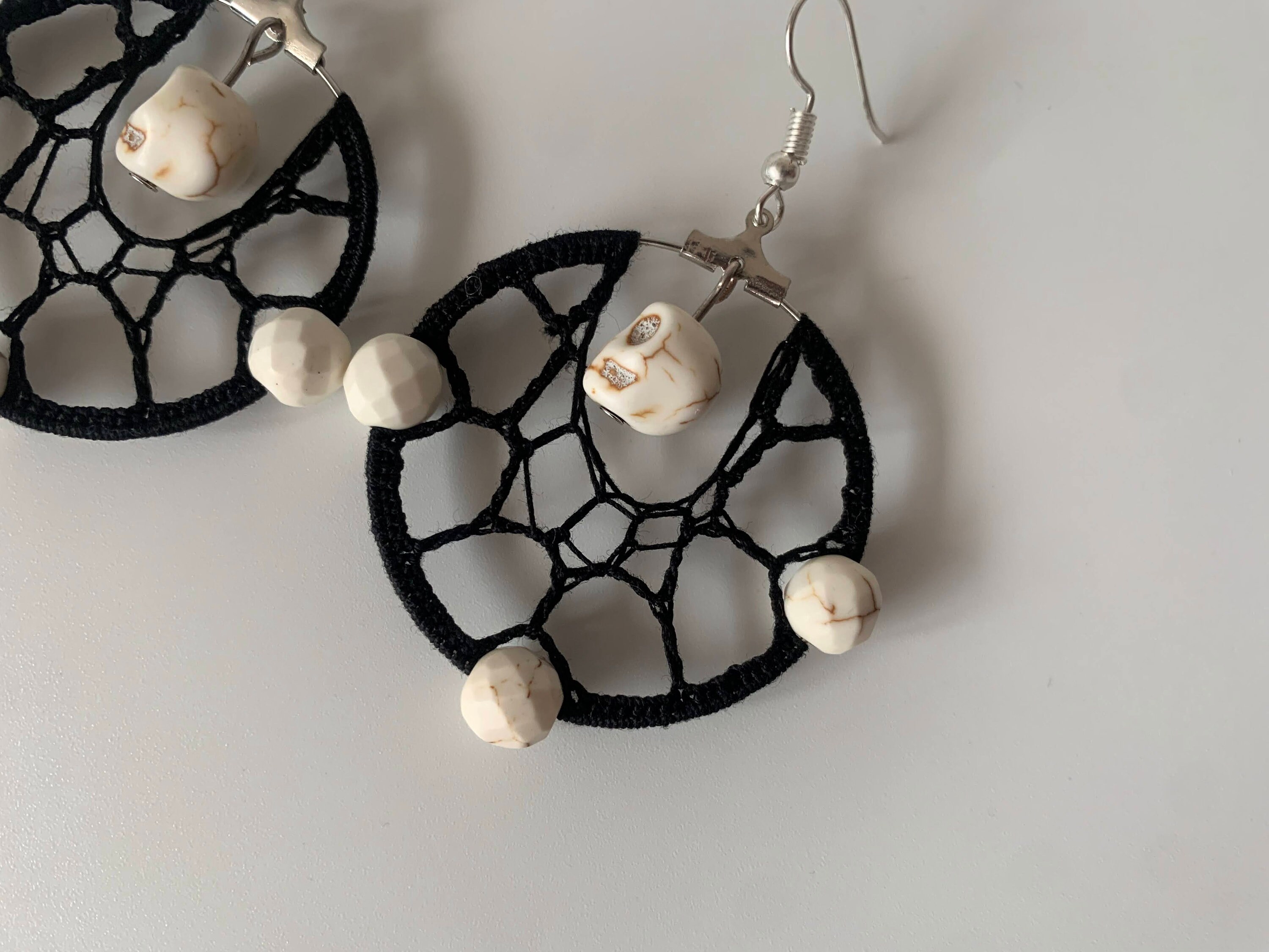 Handmade Skull Earrings, Cotton Lace Goth Earrings, Spider Web Halloween Earrings, Howlite Beaded Witchy Jewelry, Black Crochet Earrings - Thumbnail 7