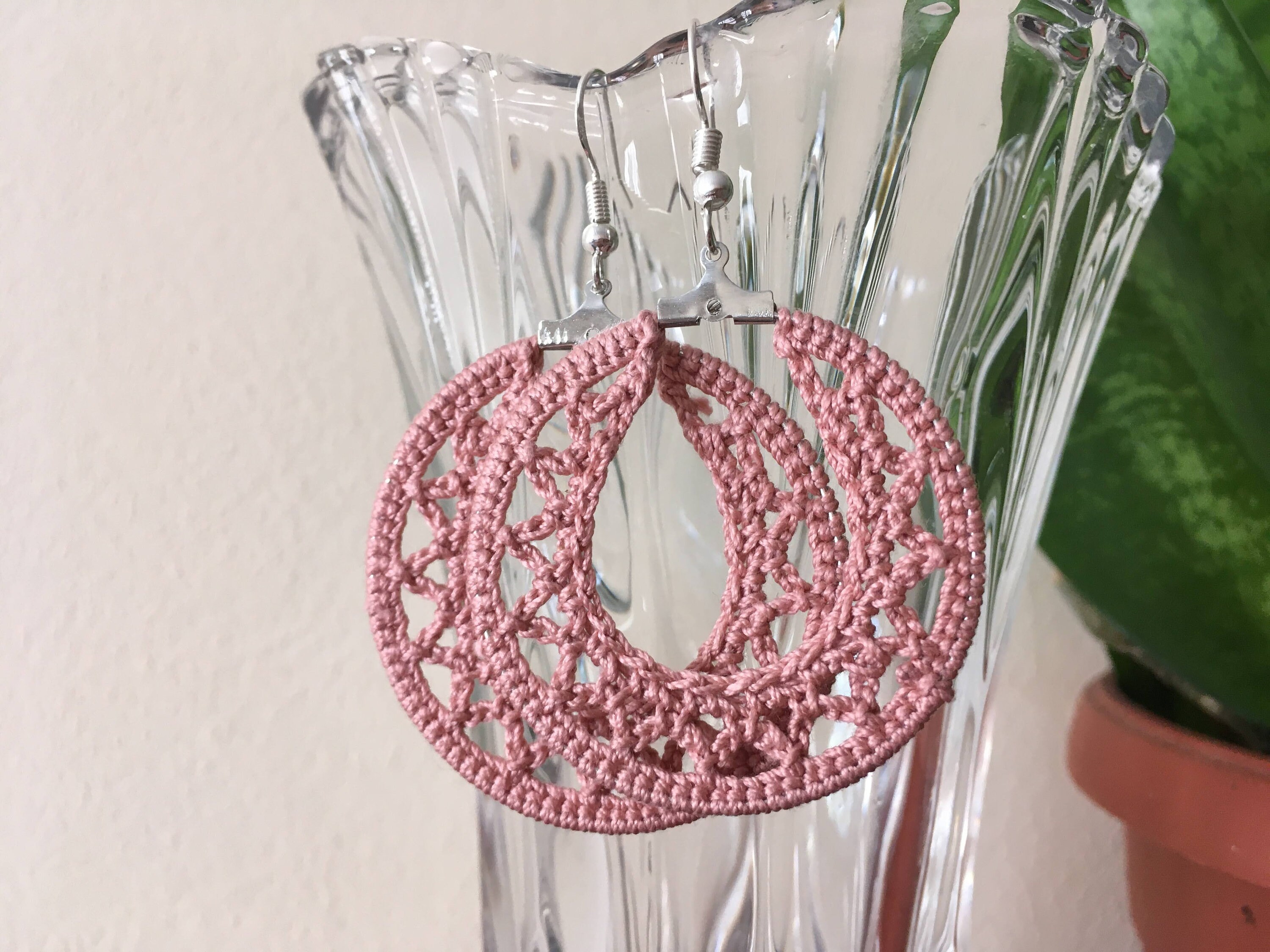 Pink Geometric Crochet Earrings for Bold Women, Unique Statement Big Hoop Earrings, Cotton Lace Crochet Jewelry, Large Round Doily Earrings - Thumbnail 6