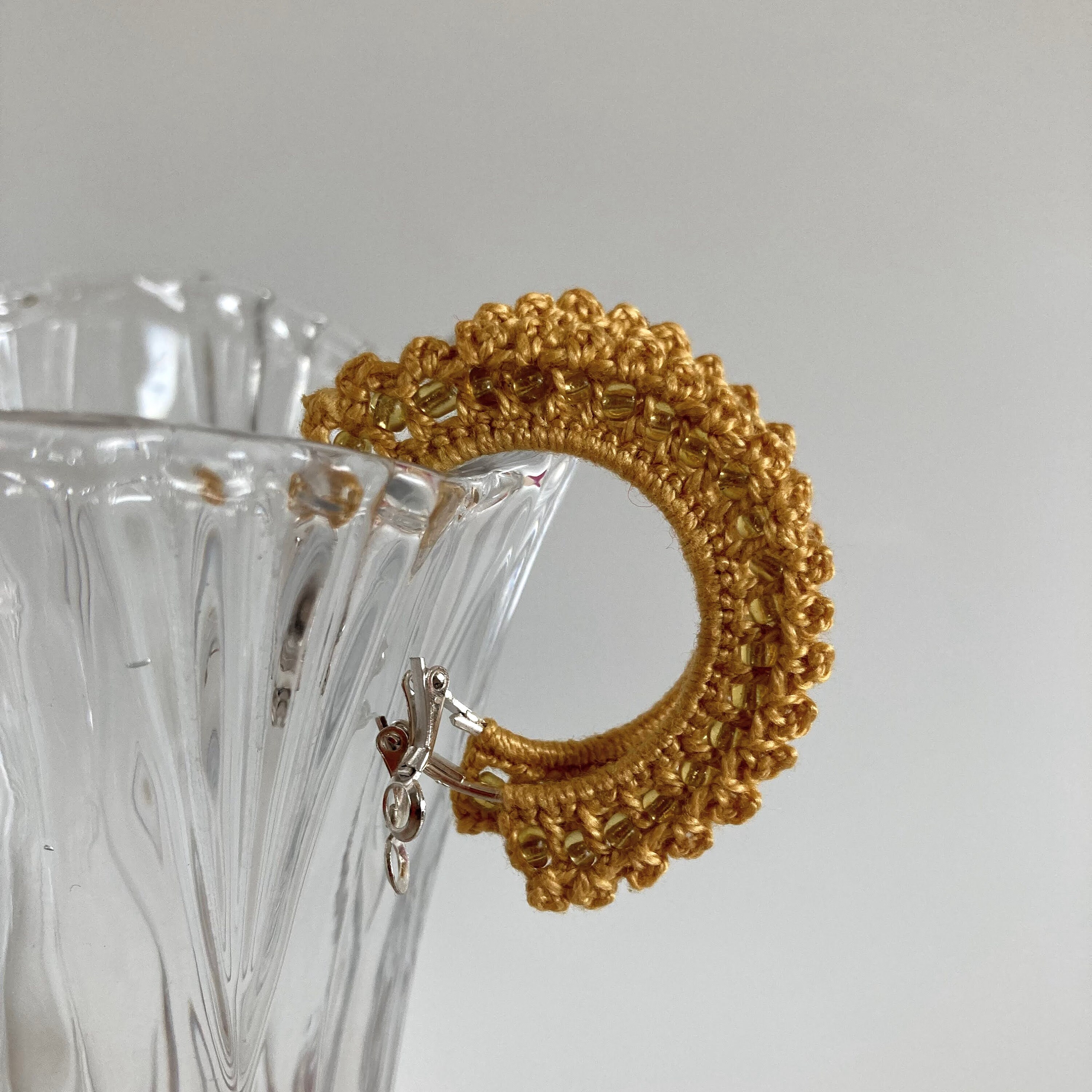 Mustard Yellow Crochet Hoop Earrings, Scalloped Fan Shaped Earrings with Beads, Elegant Beaded Hoops, Gold Tone Autumn Jewelry, Crochet Gift - Thumbnail 5