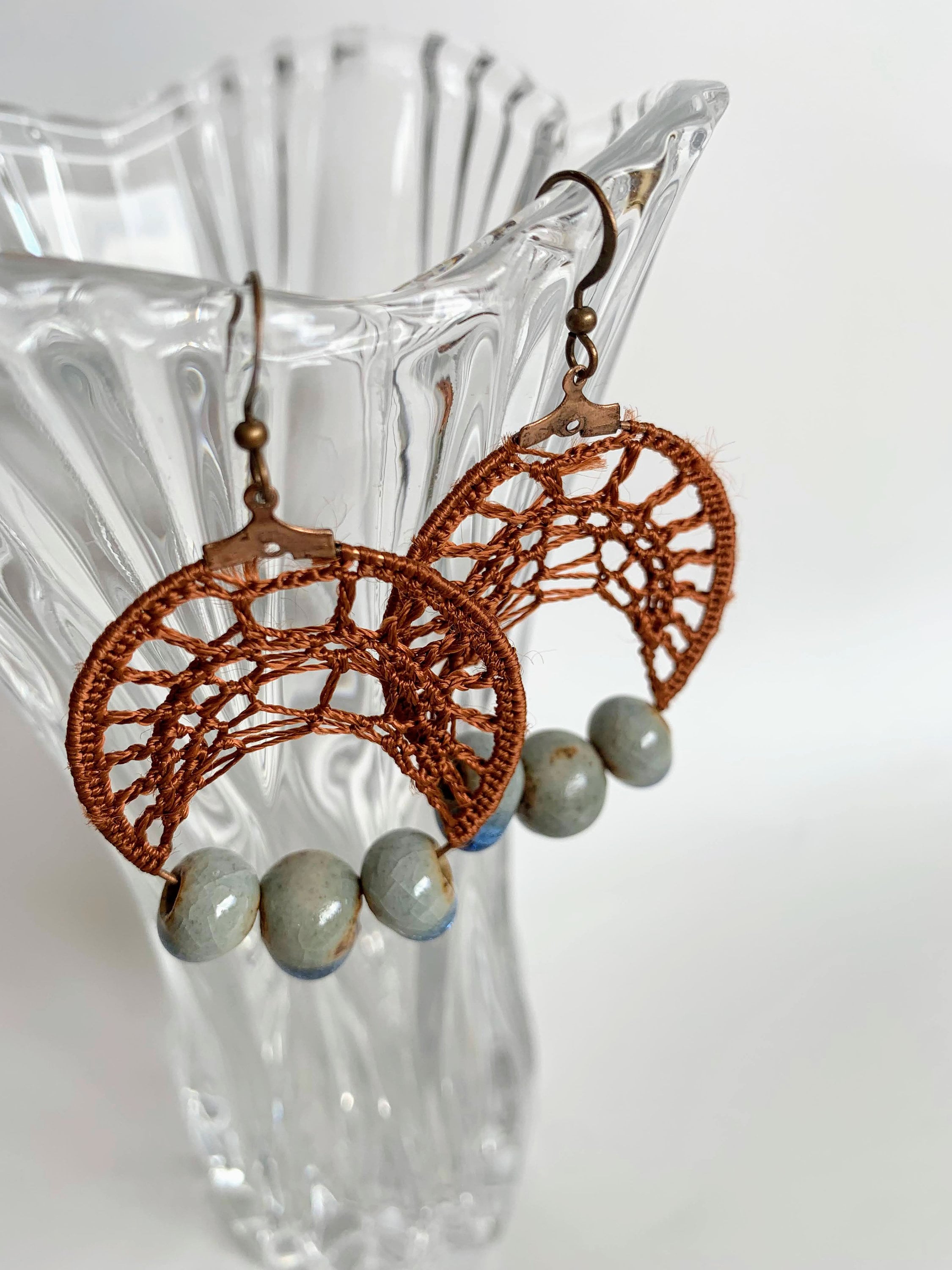 Cottagecore Copper Brown Rust Earrings, Ceramic Dangle Hoop Earrings, Bohemian Crochet Earrings, Boho Silky Lace Earrings, Tribal Jewelry - Thumbnail 5