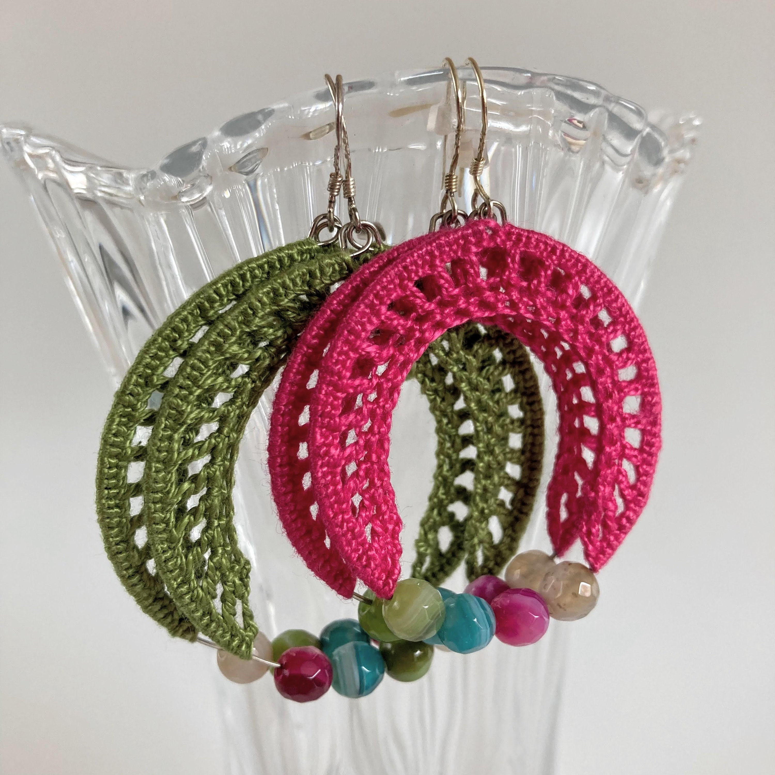 Colorful Crochet Candy Earrings in Hot Pink or Olive Green, Cool Edgy Beaded Hoop Earrings, Color Block Jewelry, Valentines Day Gift for Her