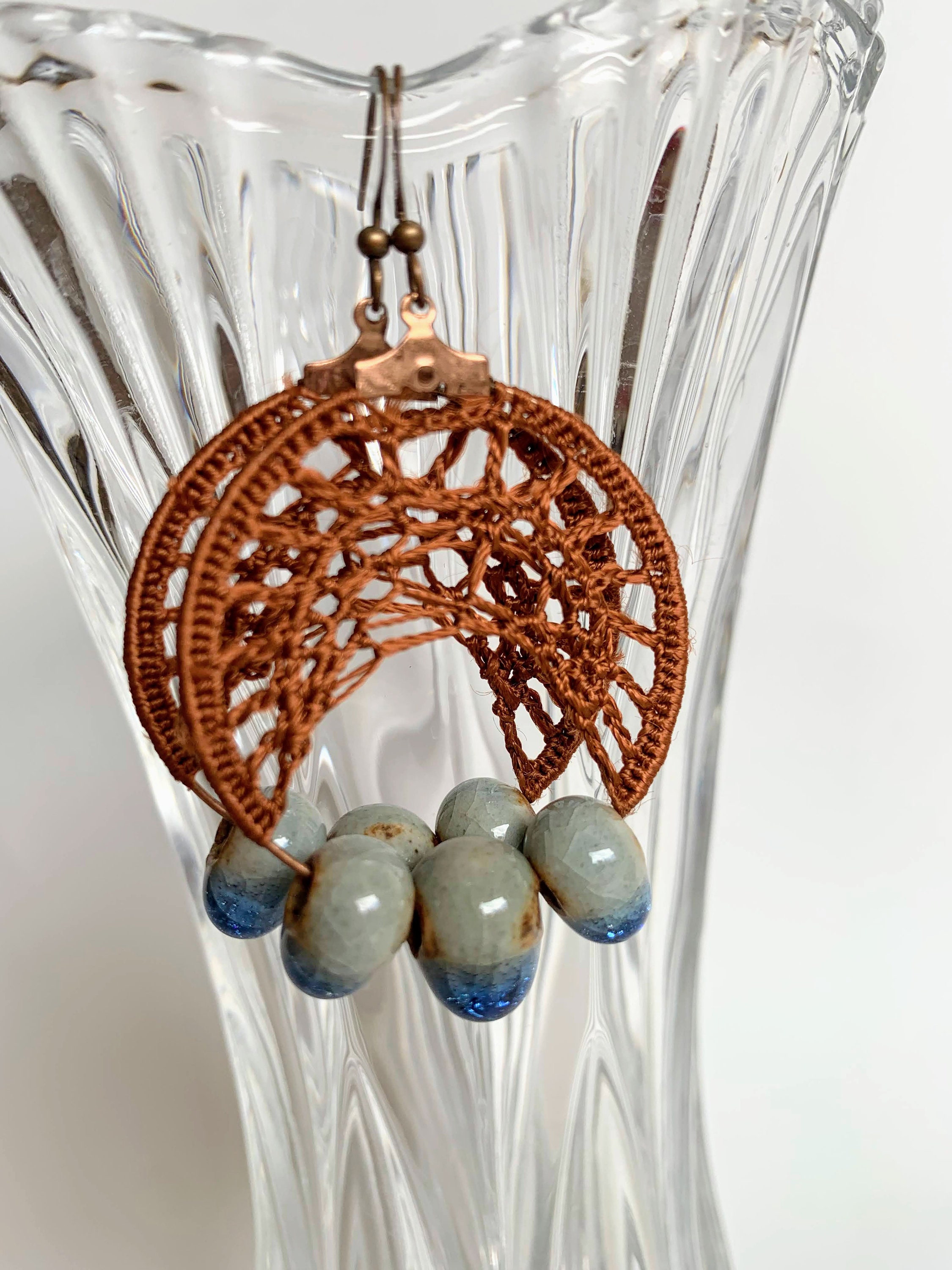 Cottagecore Copper Brown Rust Earrings, Ceramic Dangle Hoop Earrings, Bohemian Crochet Earrings, Boho Silky Lace Earrings, Tribal Jewelry - Thumbnail 3