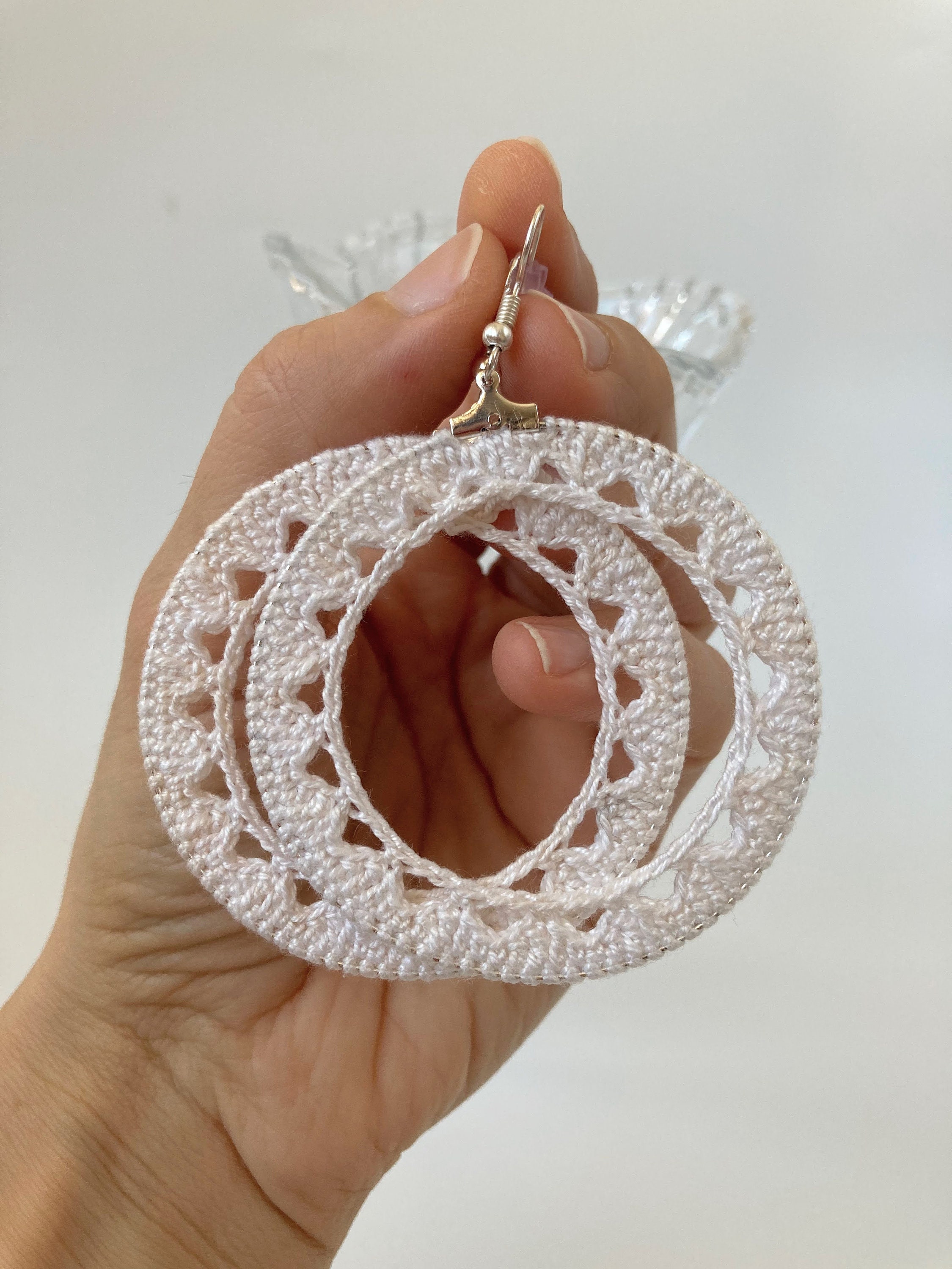 Summer Weaves Round Crochet Earrings in White or Beige, Handmade Cotton Thread Geometric Circle Earrings, Shabby Chic Large Hoops for Women - Thumbnail 4