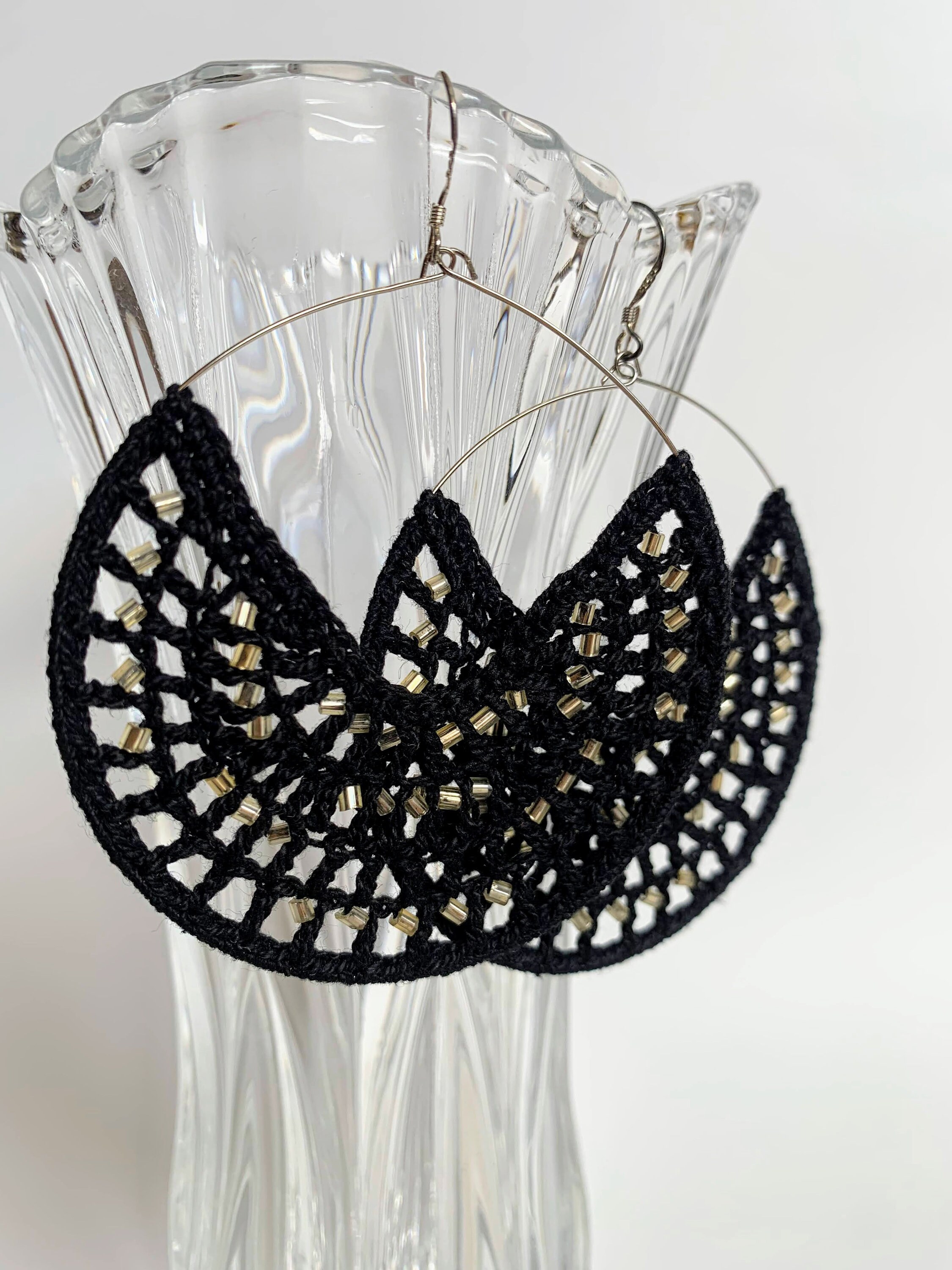 Chunky Hoop Earrings with Gold Tone Seed Beads, Cotton Thread Crochet Earrings in Black or White, Tribal, Bohemian, Boho, Indie Jewelry - Thumbnail 6