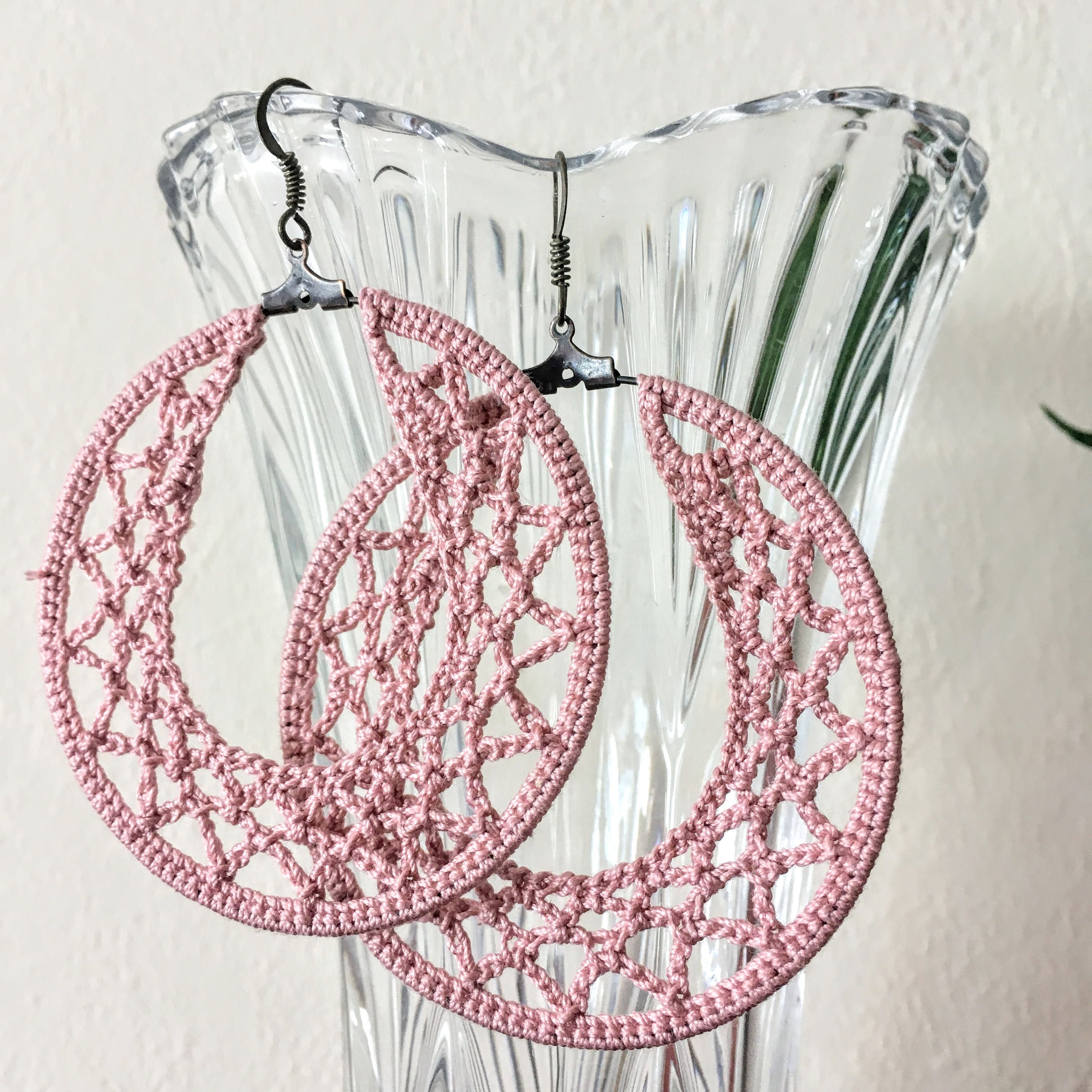 Pink Geometric Crochet Earrings for Bold Women, Unique Statement Big Hoop Earrings, Cotton Lace Crochet Jewelry, Large Round Doily Earrings - Thumbnail 4