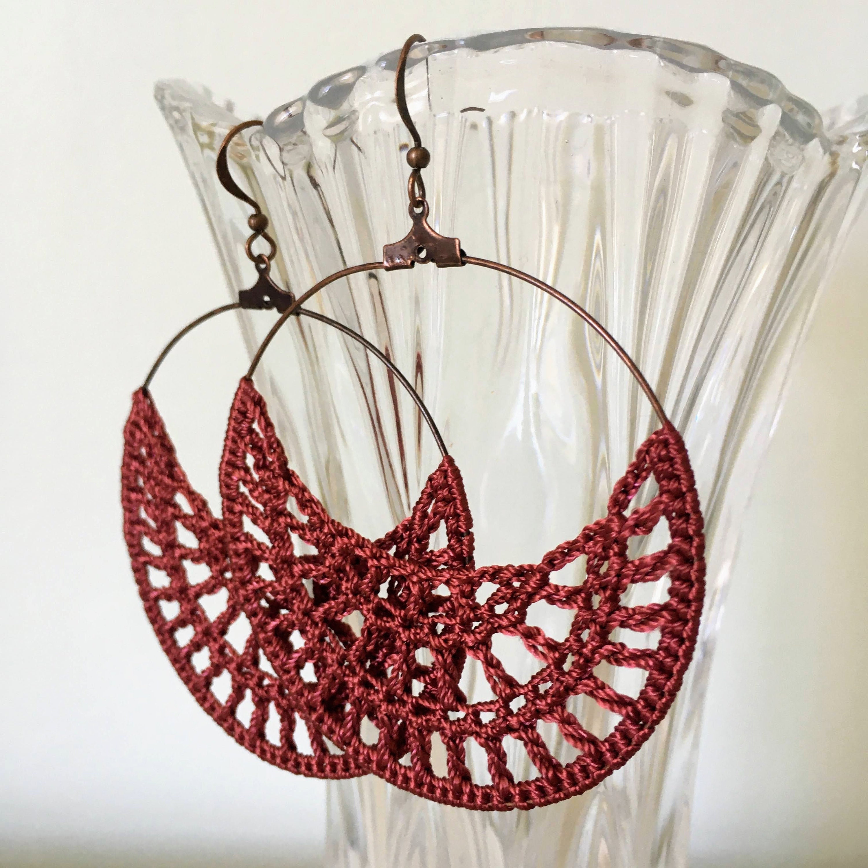 Crochet Hoop Earrings for Women, Half Moon Viscose Silk Thread Earrings, Spider Web Doily Earrings, Crochet Jewelry, Christmas Gift - Thumbnail 5
