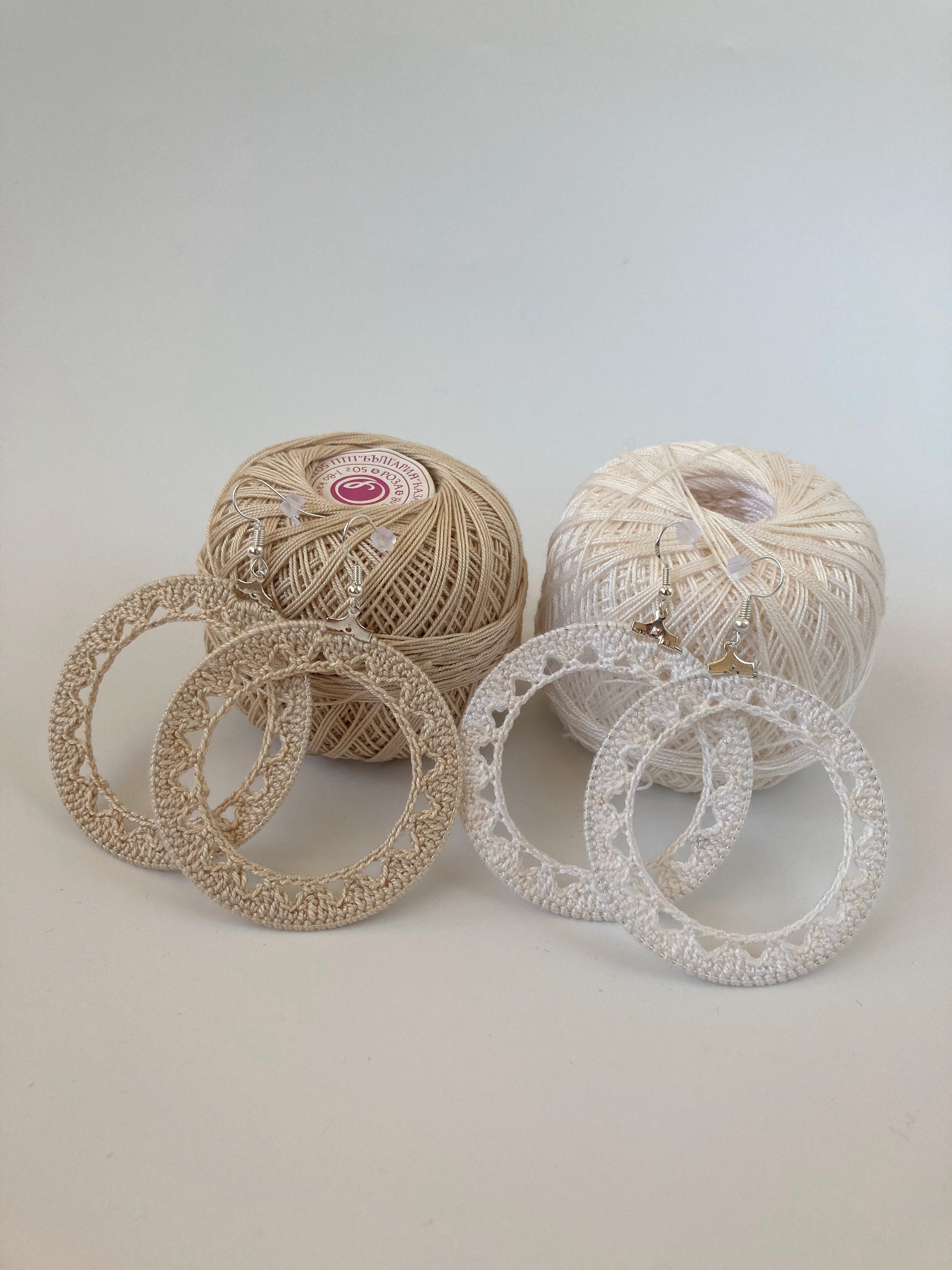 Summer Weaves Round Crochet Earrings in White or Beige, Handmade Cotton Thread Geometric Circle Earrings, Shabby Chic Large Hoops for Women - Thumbnail 7