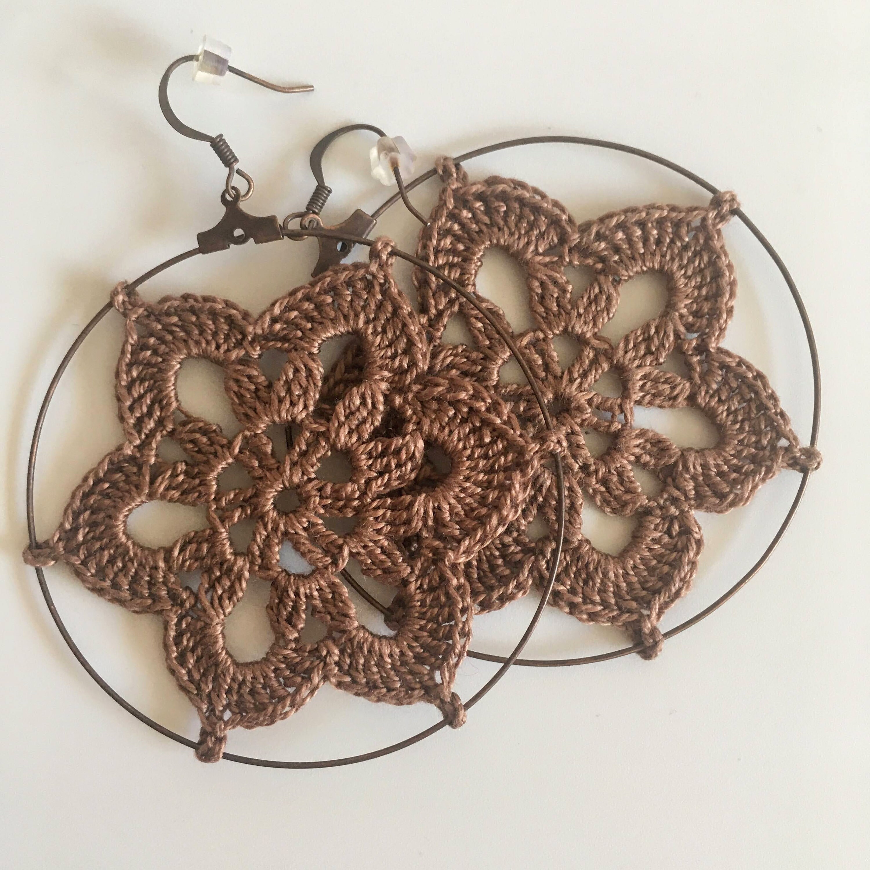 Cottagecore Crochet Flower Earrings, Romantic Lace Doily Earrings, Lightweight Oversized Mandala Large Hoop Earrings, Yoga Crochet Jewelry - Thumbnail 7