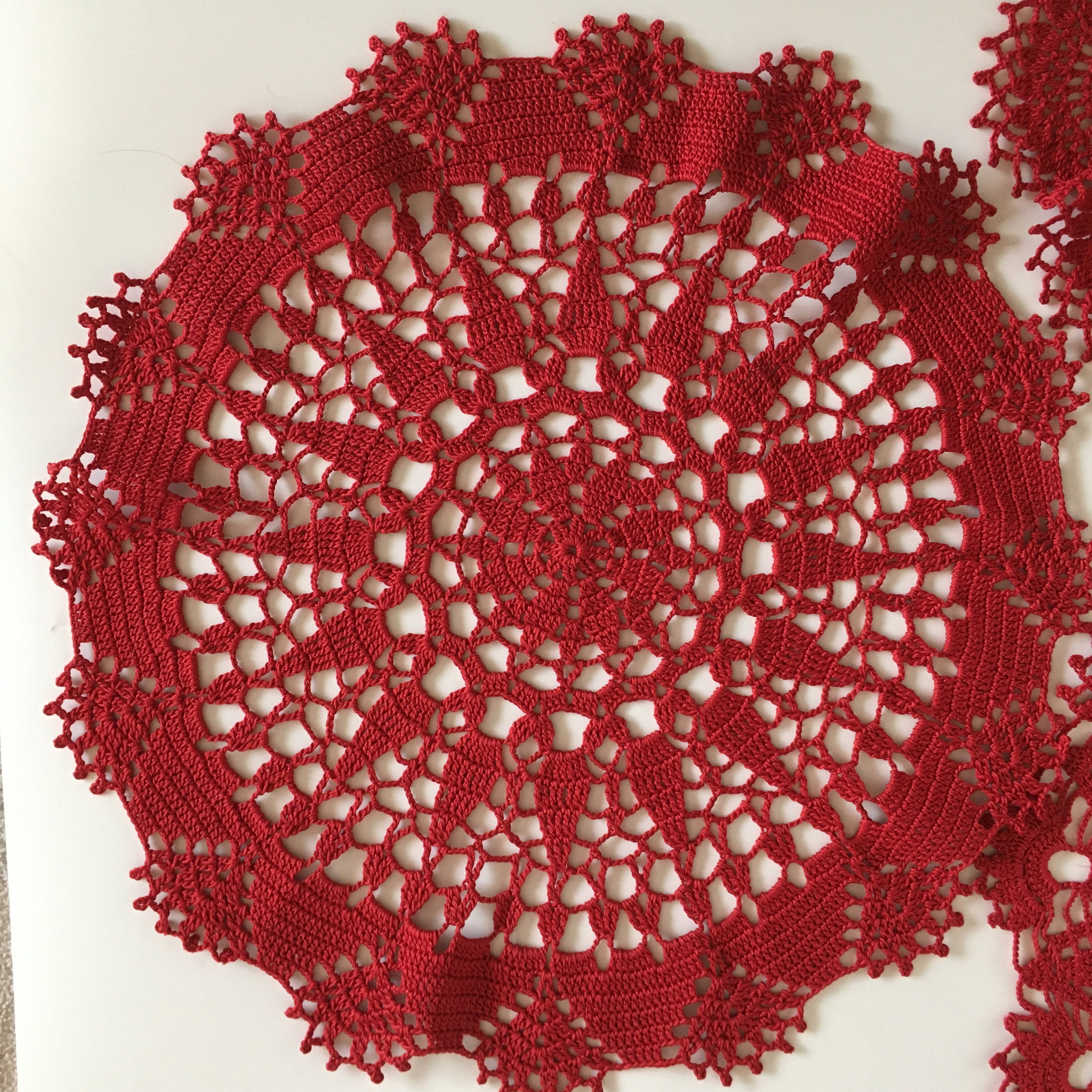 Doily Lot of 3 Red Lace Doilies, Small Crochet Round Table Cloths, Handmade Cotton Crochet Doilies, Retro Home Decor, Boho Gift for Mom - Thumbnail 3