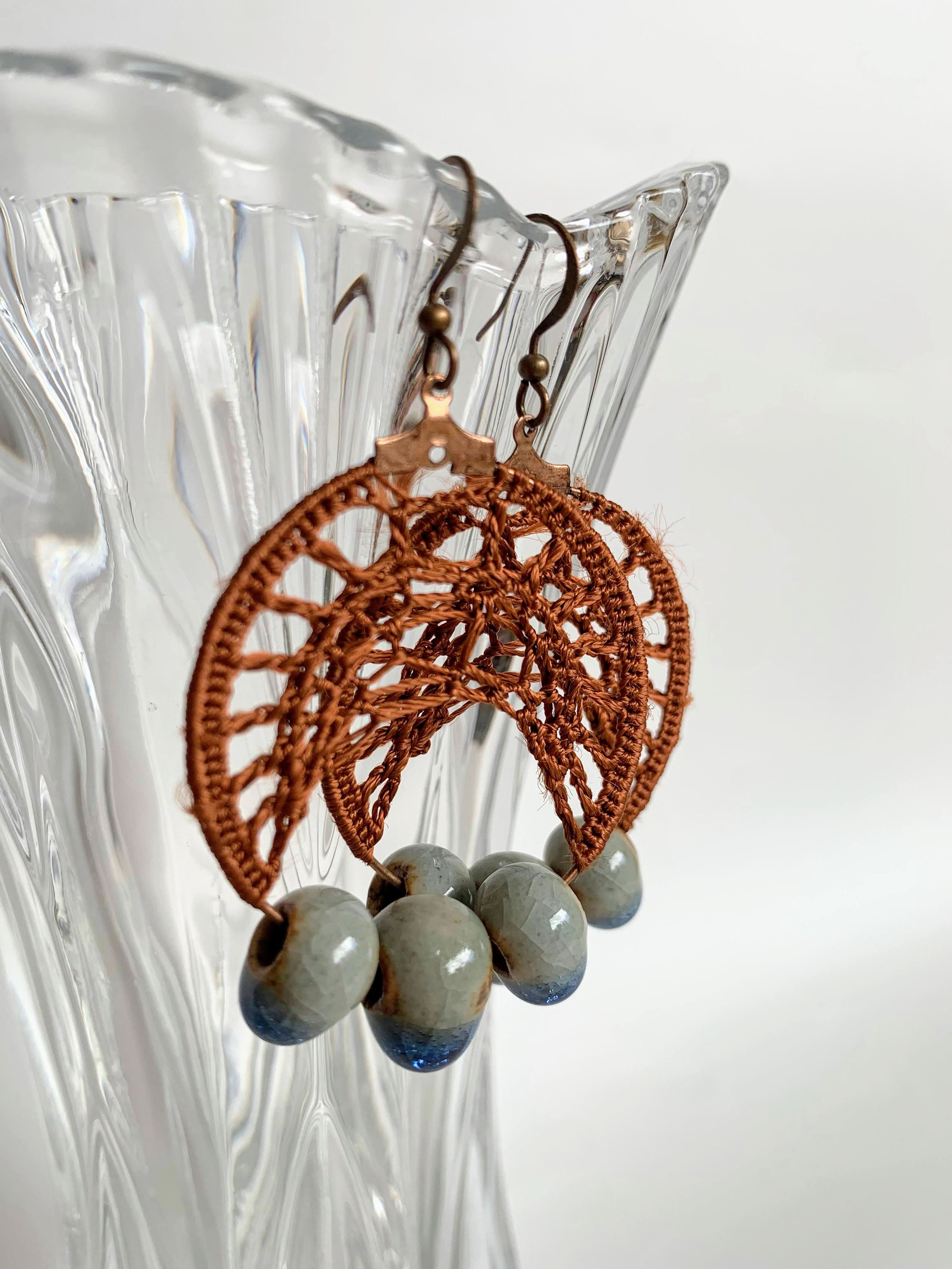 Cottagecore Copper Brown Rust Earrings, Ceramic Dangle Hoop Earrings, Bohemian Crochet Earrings, Boho Silky Lace Earrings, Tribal Jewelry - Thumbnail 4