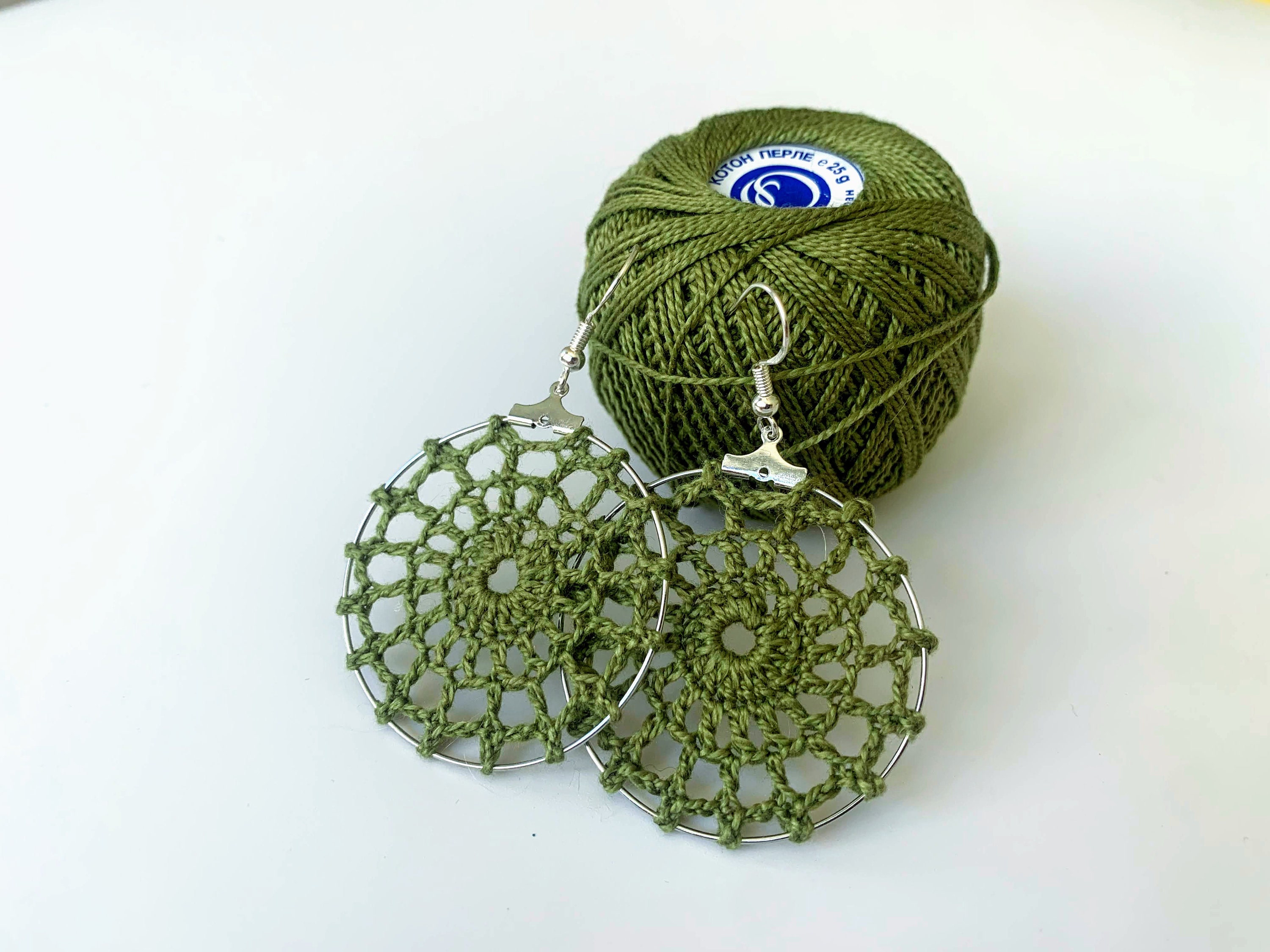 Handmade Spider Web Cotton Crochet Earrings, Crochet Lace Doily Circle Earrings, Black or Olive Green Hoop Earrings, Custom Color Earrings - Thumbnail 3