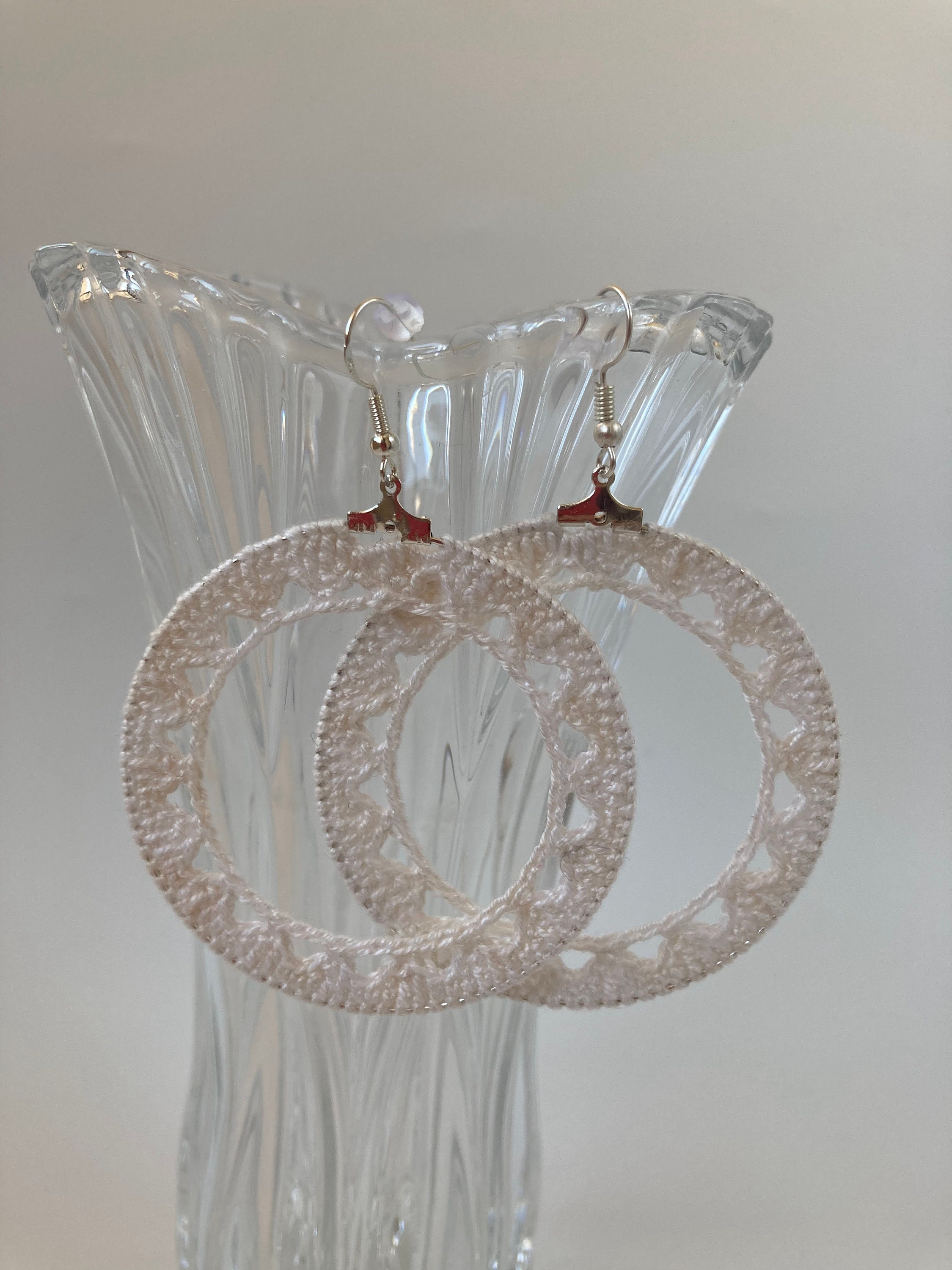Summer Weaves Round Crochet Earrings in White or Beige, Handmade Cotton Thread Geometric Circle Earrings, Shabby Chic Large Hoops for Women - Thumbnail 2