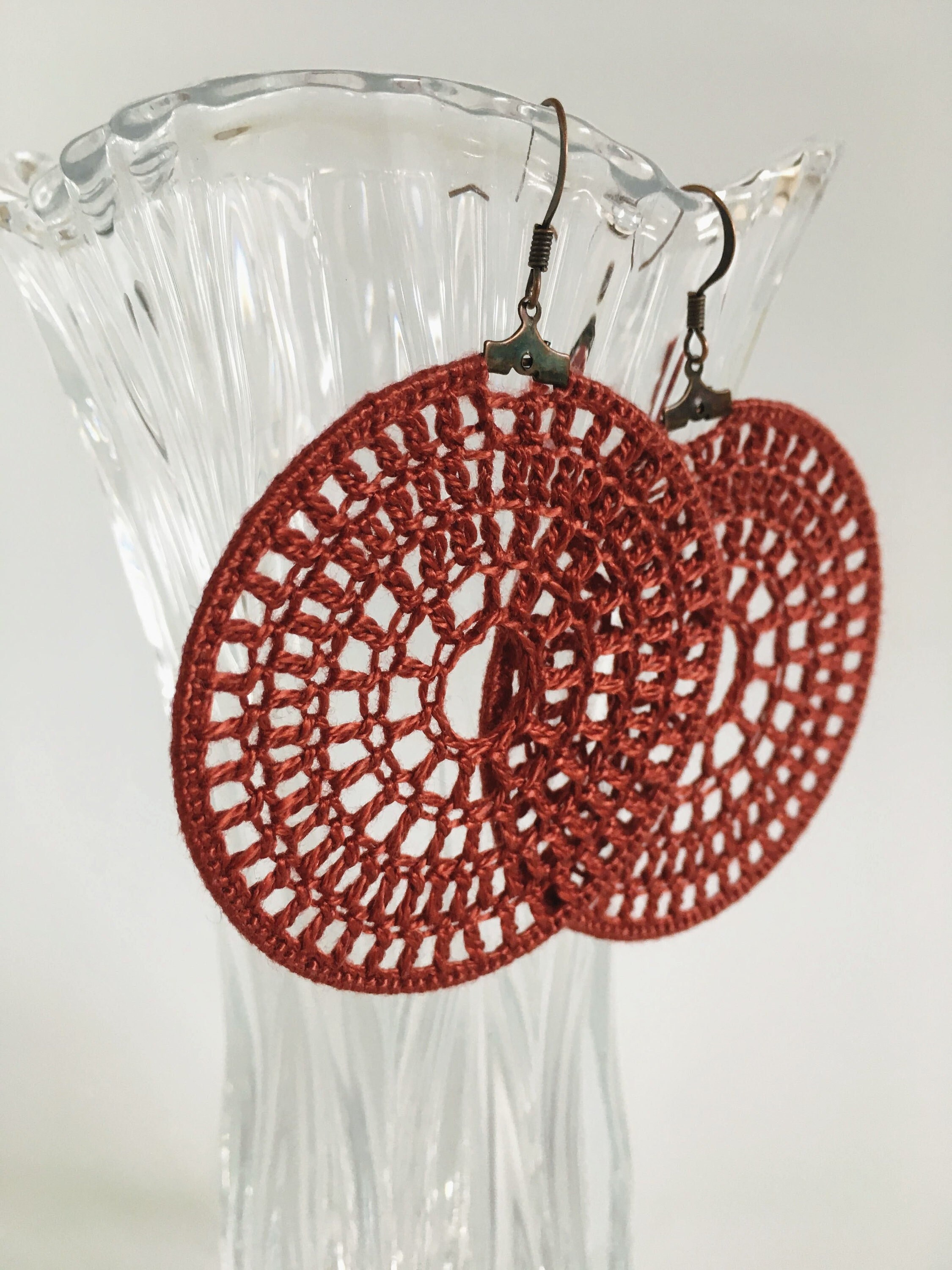 Spider Web Big Hoop Earrings, Rust Brown Circle Crochet Earrings, Round Geometric Earrings, Textile Dangle Earrings, Autumn Color Jewelry