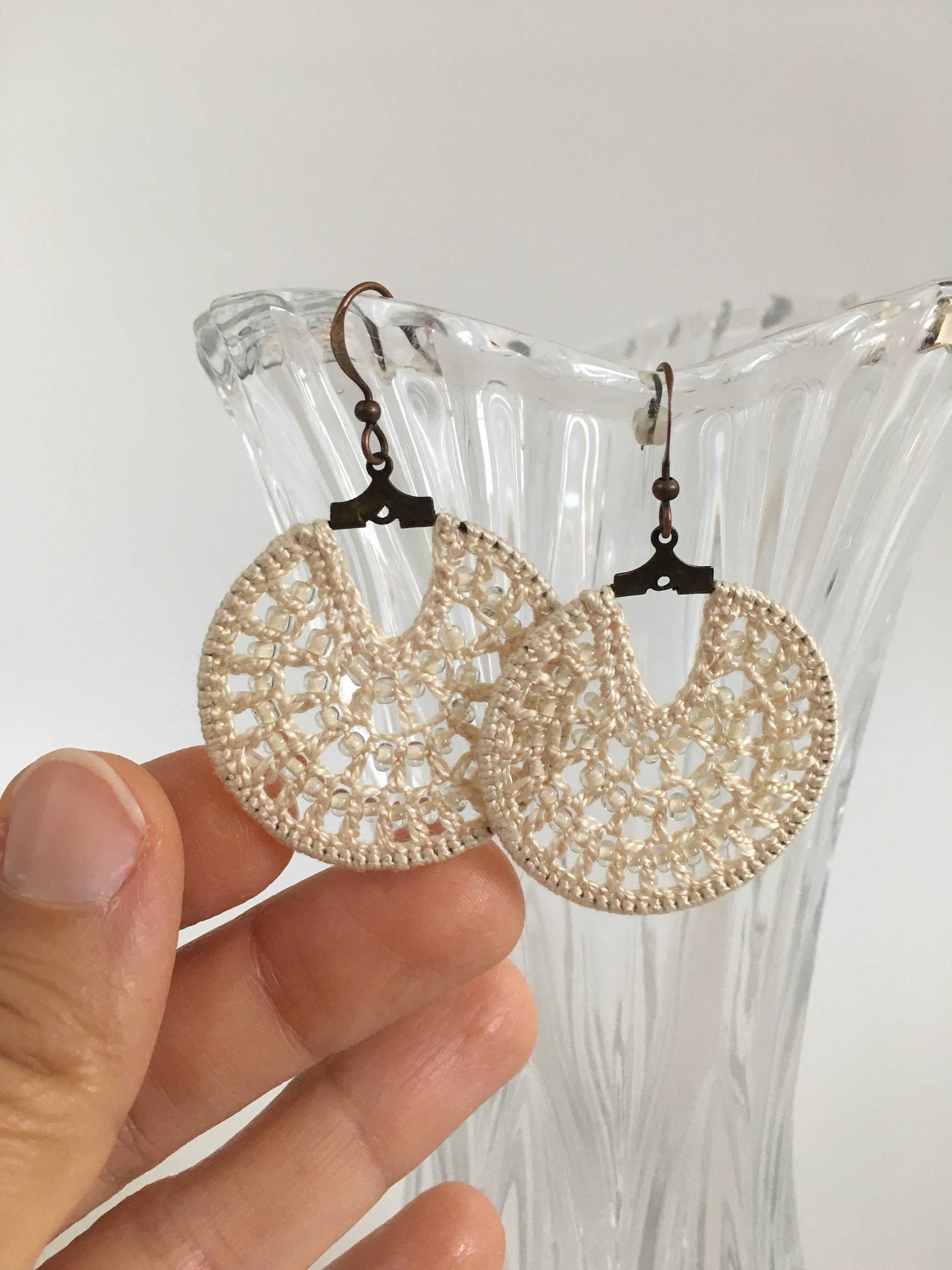 Off White Dangle Crochet Earrings with Beads, Modern Beaded Hoop Earrings, Cotton Lace Jewelry, Fiber Art Accessories, Gift for Wife - Thumbnail 6