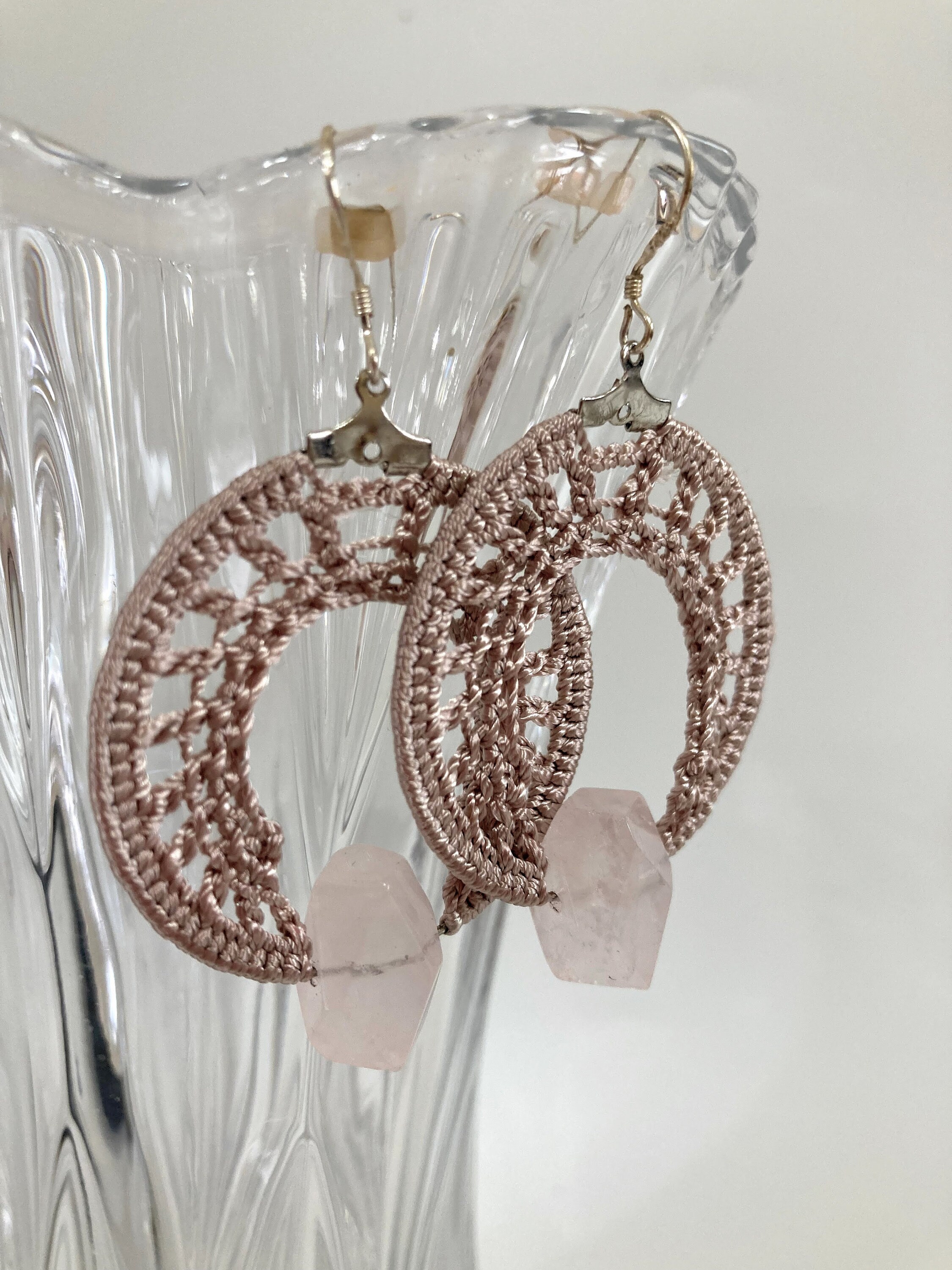 Quartz Dangle Crochet Earrings, Champagne Raw Crystal Earrings, Silky Shimmer Bridal Hoop Earrings, Zodiac Jewelry, Gift for Brides Mom - Thumbnail 3