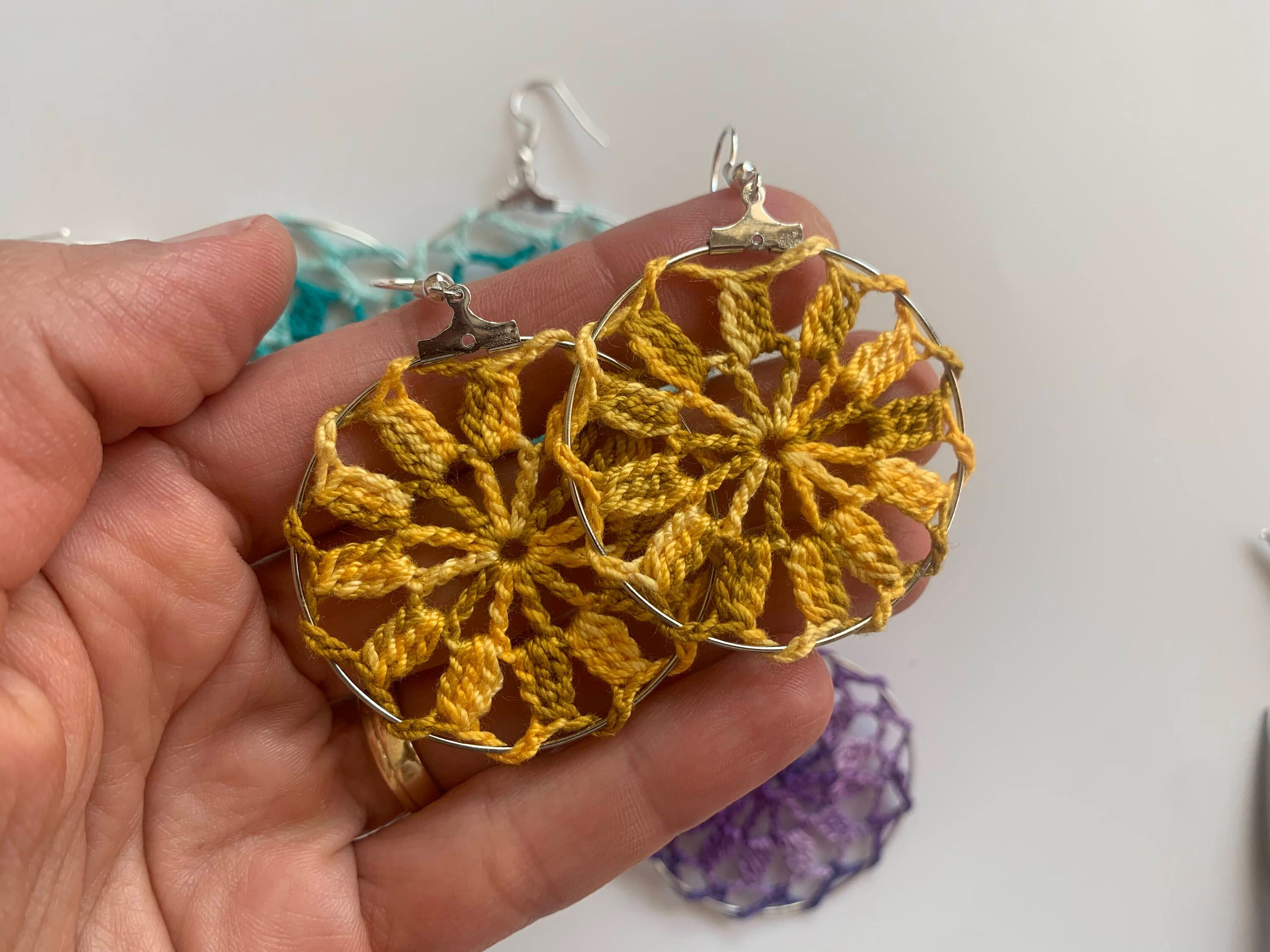 Handmade Circle Crochet Earrings, Custom Doily Earrings for Women, Dangle Drop Lace Earrings, Round Fiber Art Cotton Jewelry, Gift for Wife - Thumbnail 7