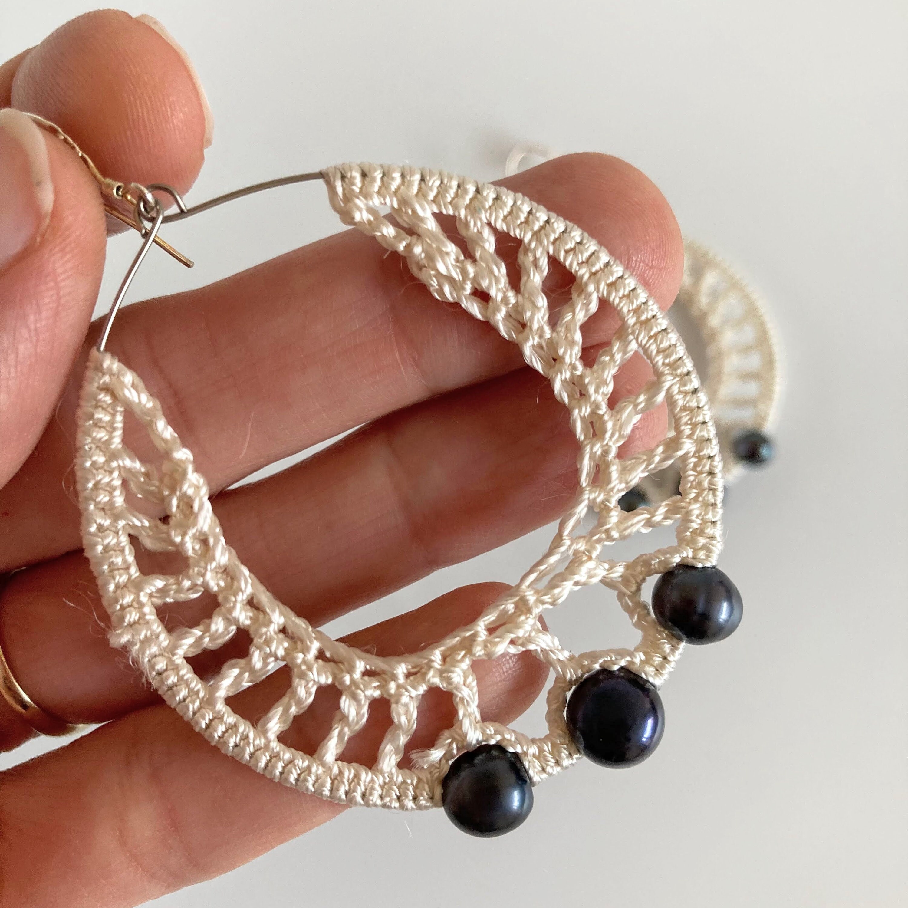 Black Pearl Silk Crochet Earrings, Shimmering White Elegant Crochet Hoops, Beaded Large Drop Earrings, Big Teardrop Earrings, Bridal Jewelry - Thumbnail 7