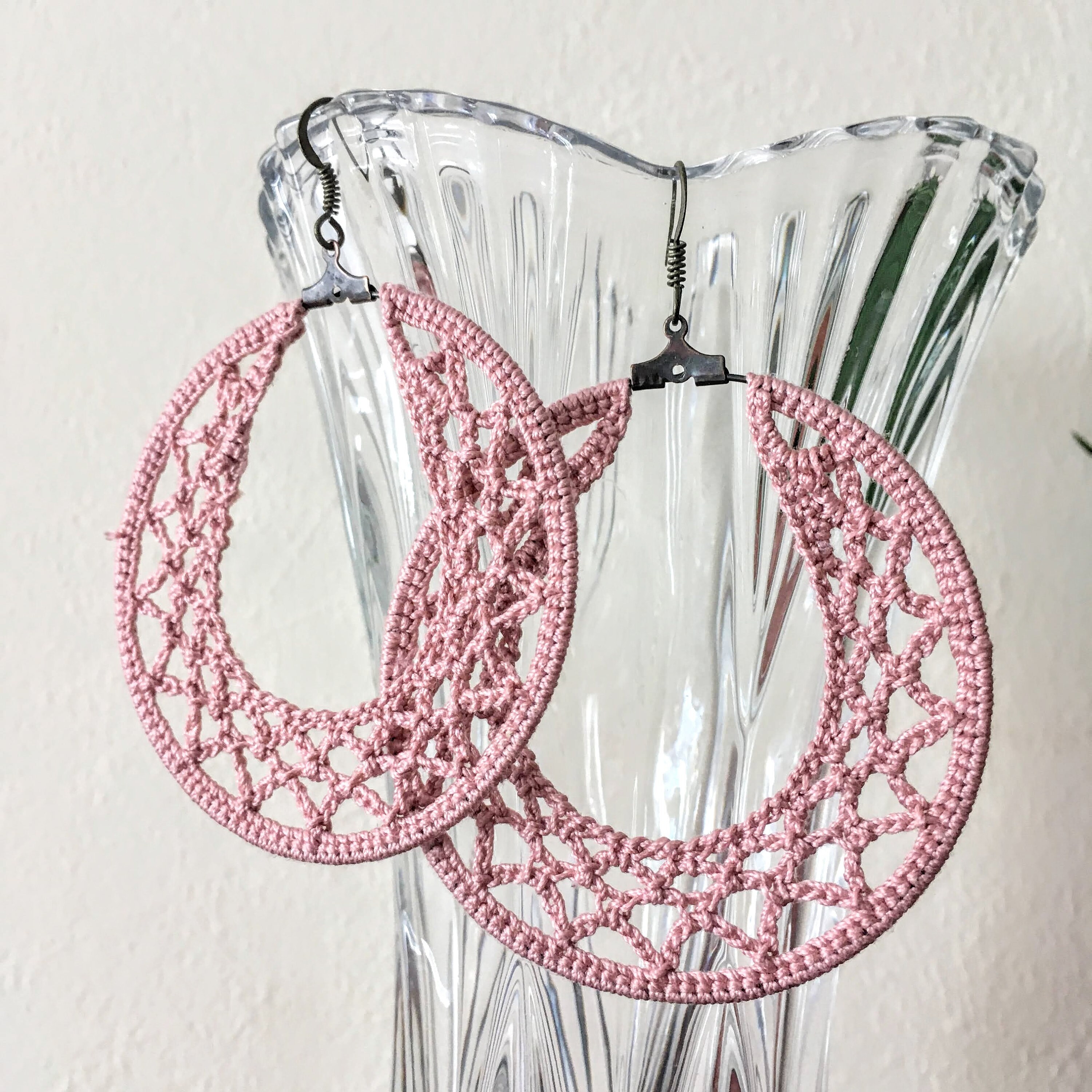 Pink Geometric Crochet Earrings for Bold Women, Unique Statement Big Hoop Earrings, Cotton Lace Crochet Jewelry, Large Round Doily Earrings - Thumbnail 2