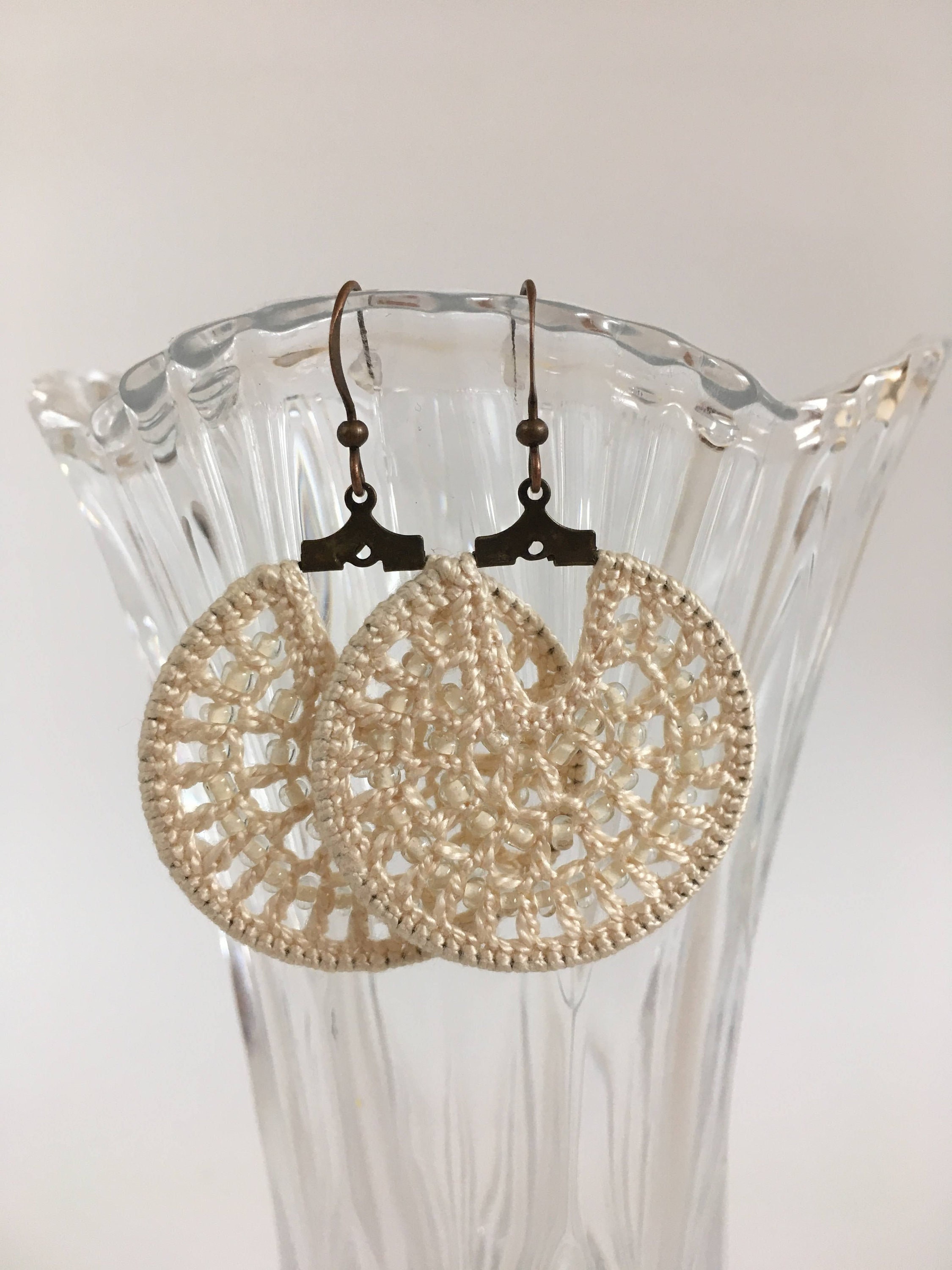 Off White Dangle Crochet Earrings with Beads, Modern Beaded Hoop Earrings, Cotton Lace Jewelry, Fiber Art Accessories, Gift for Wife