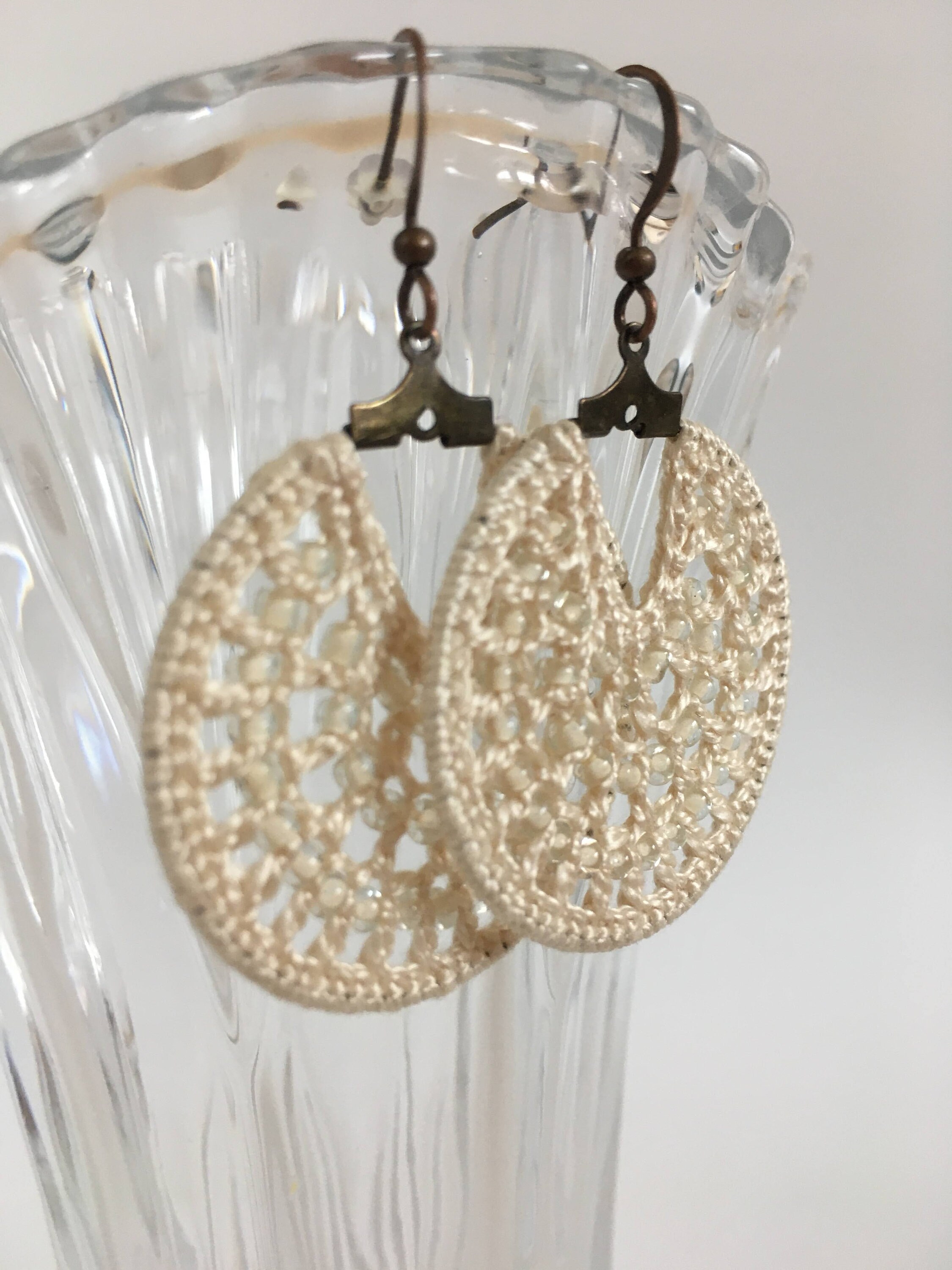 Off White Dangle Crochet Earrings with Beads, Modern Beaded Hoop Earrings, Cotton Lace Jewelry, Fiber Art Accessories, Gift for Wife - Thumbnail 3