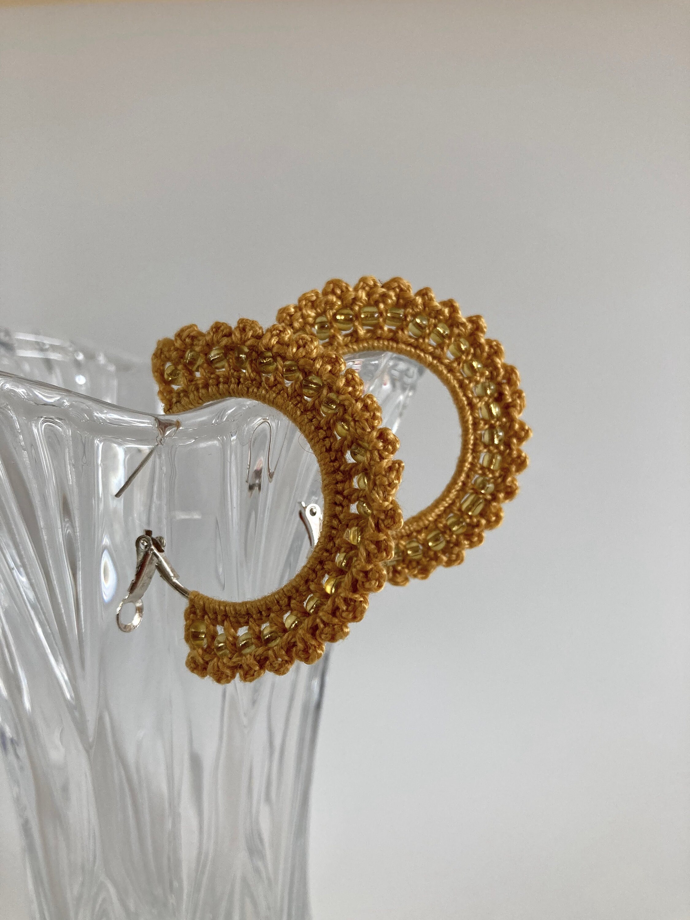 Mustard Yellow Crochet Hoop Earrings, Scalloped Fan Shaped Earrings with Beads, Elegant Beaded Hoops, Gold Tone Autumn Jewelry, Crochet Gift - Thumbnail 2
