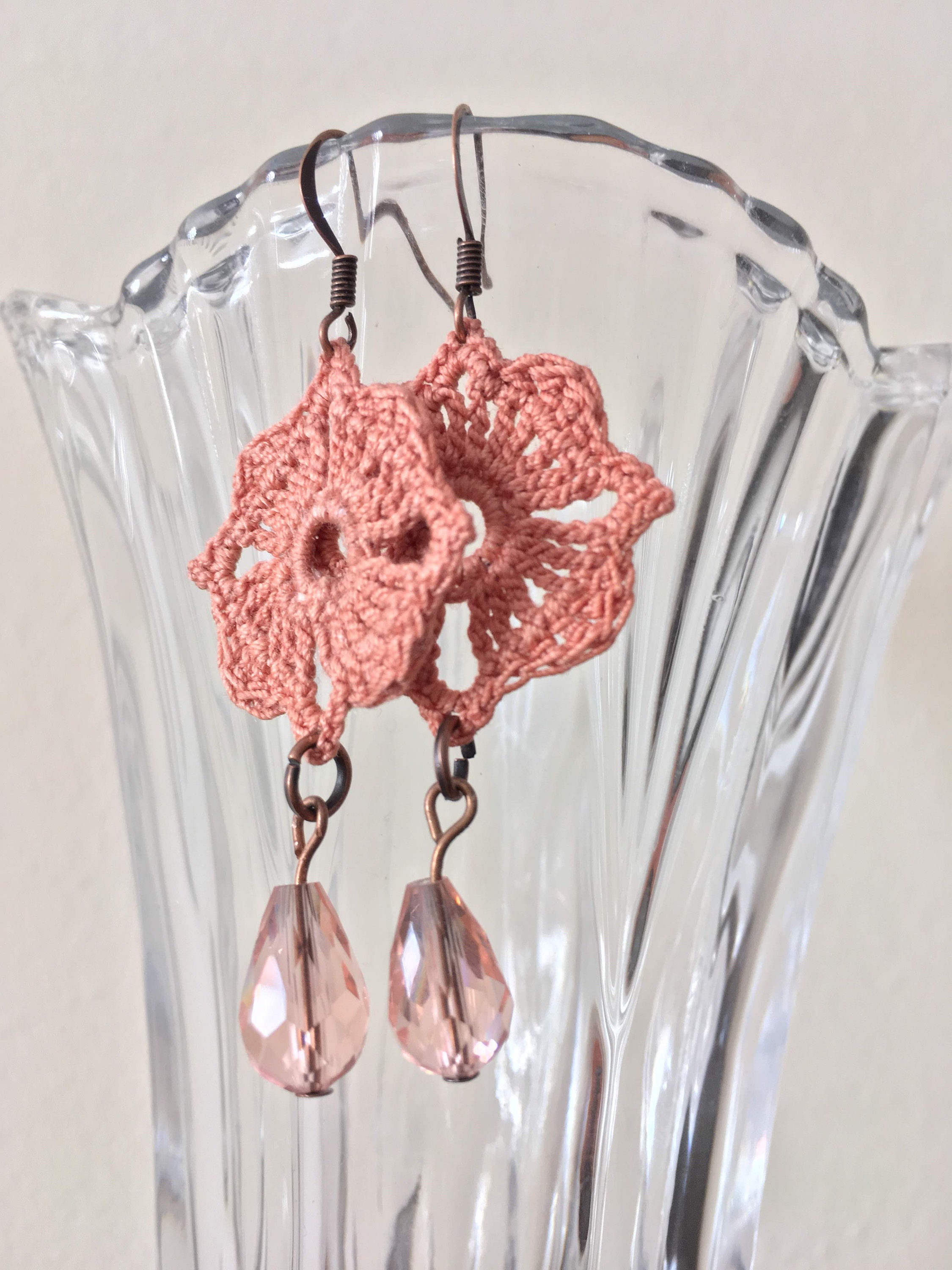 Pink Earrings With Teardrop Crystal Beads, Crochet Lace Earrings, Handmade Chandelier Earrings, Crochet Jewelry, Mothers Day Gift for Mom - Thumbnail 2