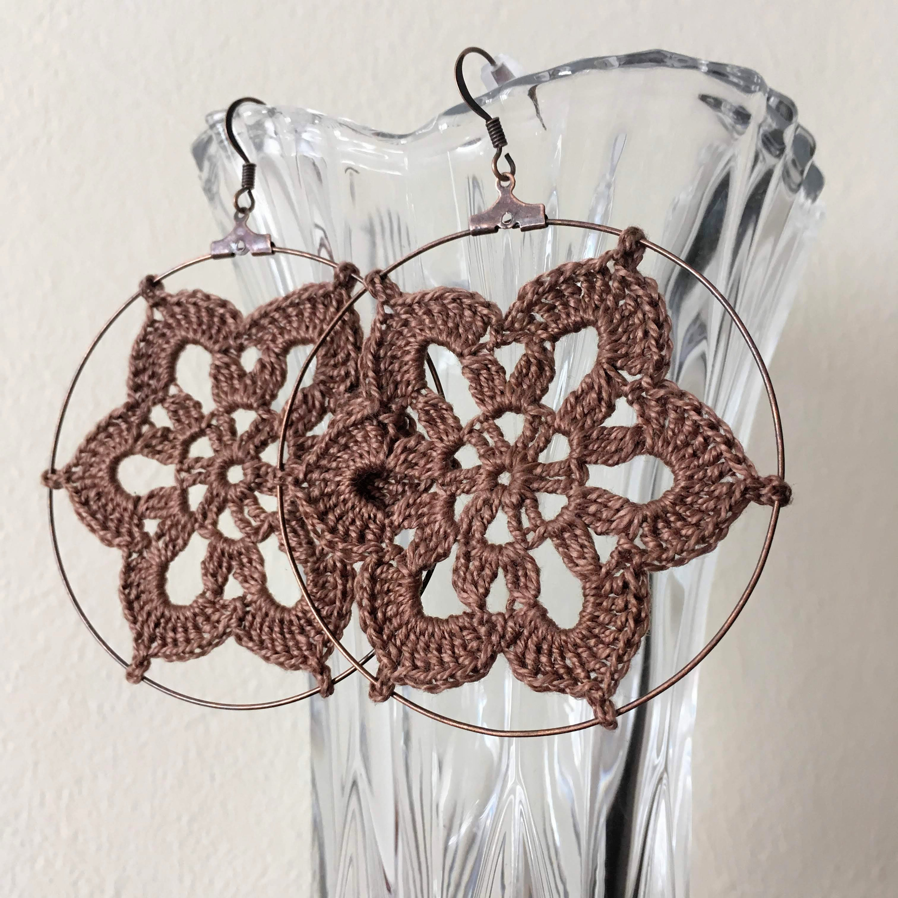 Cottagecore Crochet Flower Earrings, Romantic Lace Doily Earrings, Lightweight Oversized Mandala Large Hoop Earrings, Yoga Crochet Jewelry