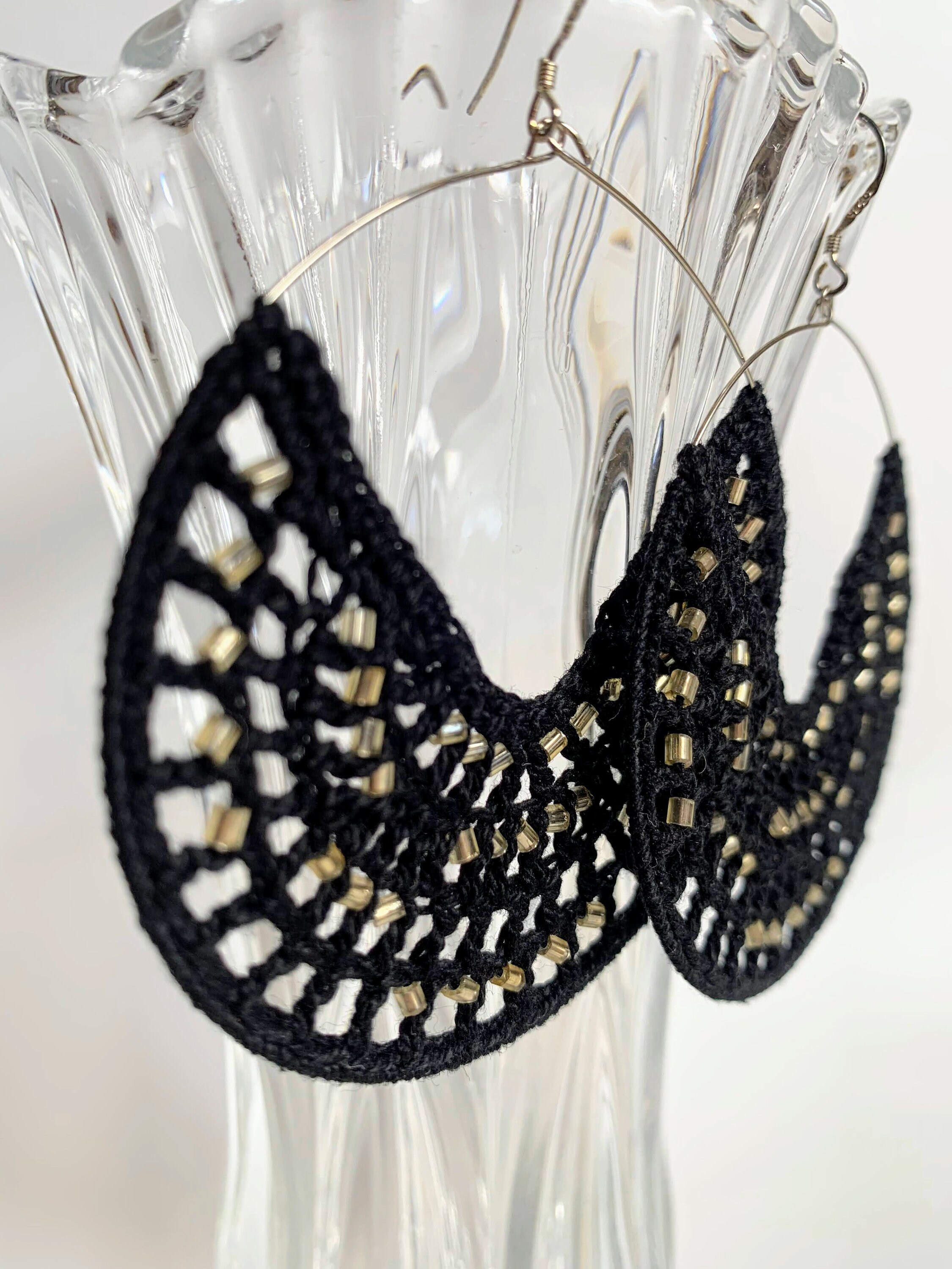 Chunky Hoop Earrings with Gold Tone Seed Beads, Cotton Thread Crochet Earrings in Black or White, Tribal, Bohemian, Boho, Indie Jewelry - Thumbnail 7