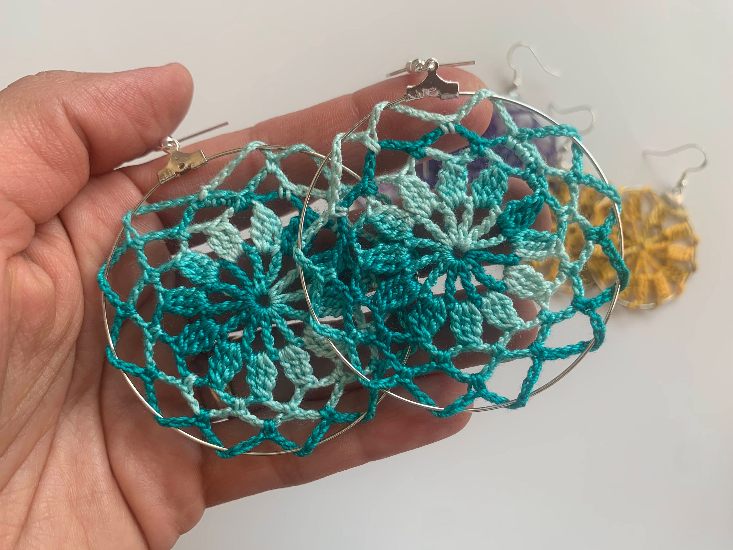 Handmade Circle Crochet Earrings, Custom Doily Earrings for Women, Dangle Drop Lace Earrings, Round Fiber Art Cotton Jewelry, Gift for Wife - Thumbnail 2