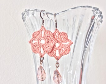 Pink Earrings With Teardrop Crystal Beads, Crochet Lace Earrings, Handmade Chandelier Earrings, Crochet Jewelry, Mothers Day Gift for Mom