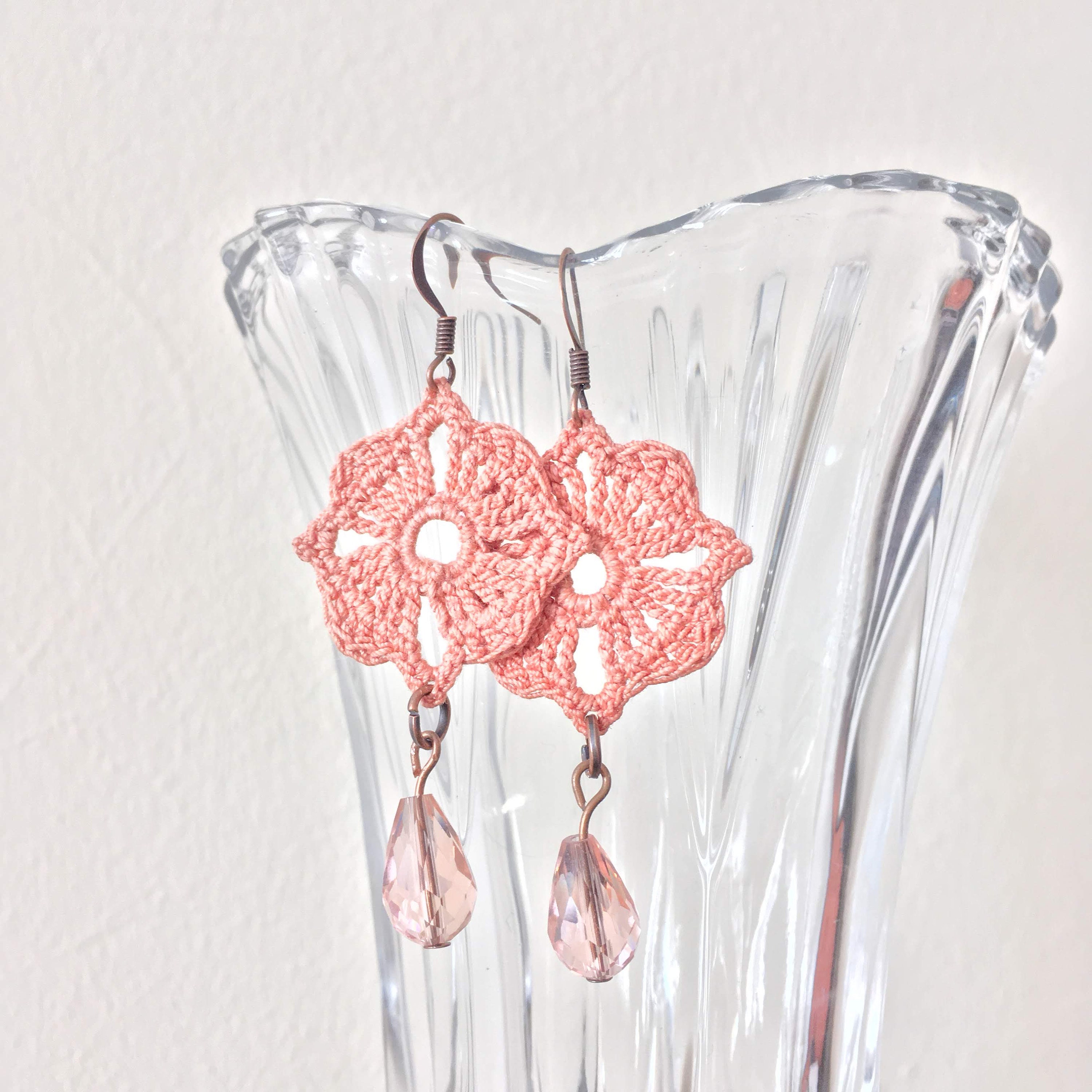 Pink Earrings With Teardrop Crystal Beads, Crochet Lace Earrings, Handmade Chandelier Earrings, Crochet Jewelry, Mothers Day Gift for Mom