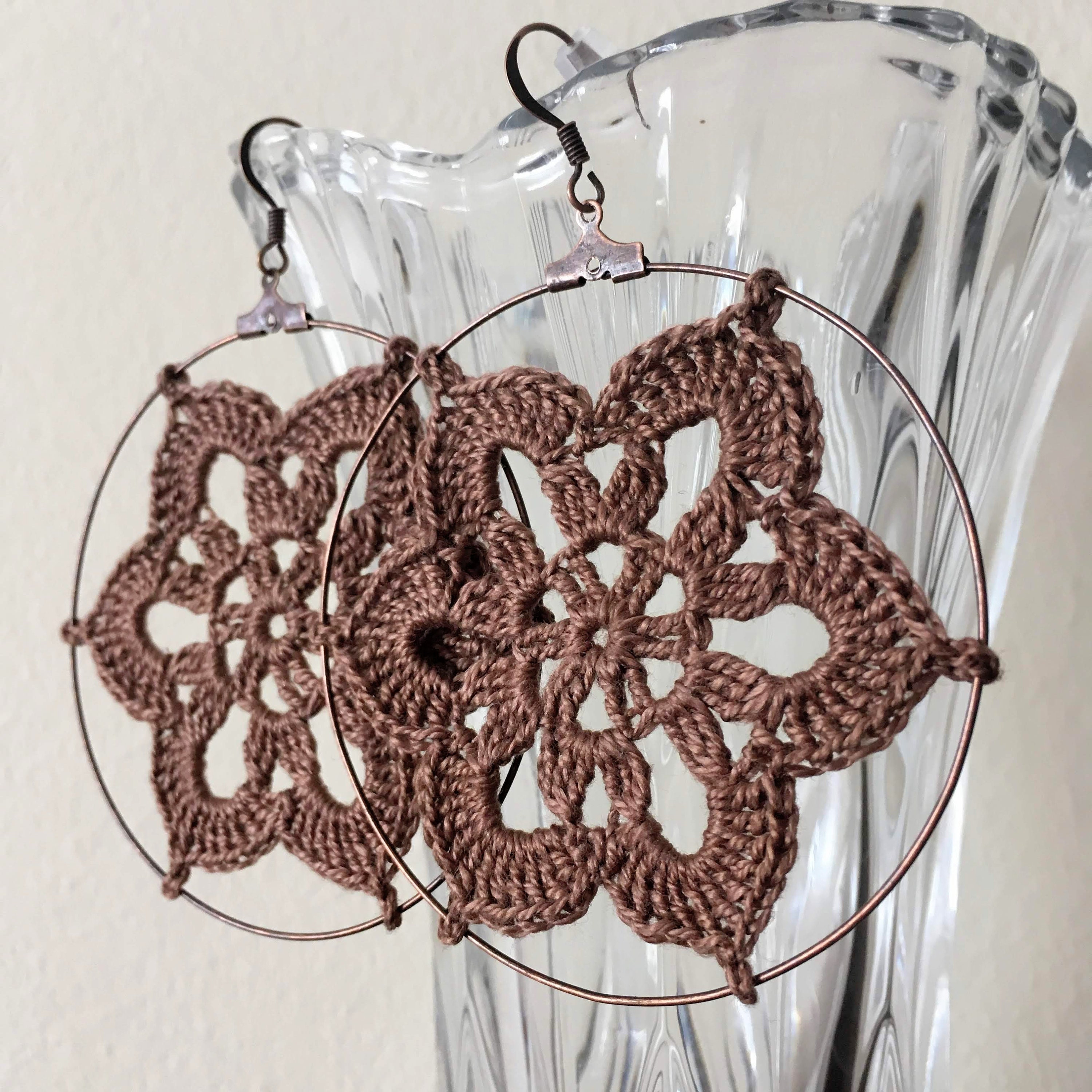 Cottagecore Crochet Flower Earrings, Romantic Lace Doily Earrings, Lightweight Oversized Mandala Large Hoop Earrings, Yoga Crochet Jewelry - Thumbnail 2