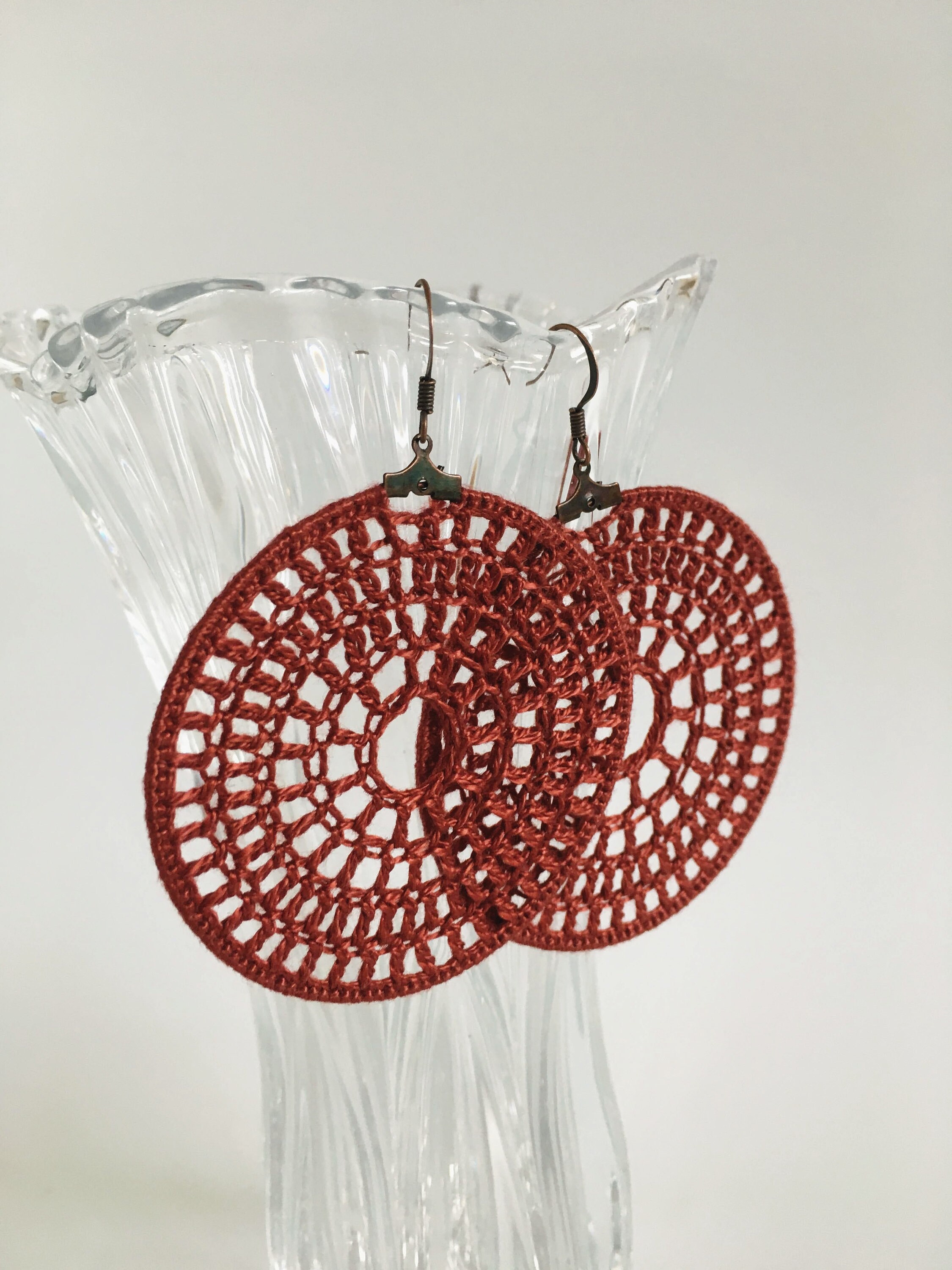 Spider Web Big Hoop Earrings, Rust Brown Circle Crochet Earrings, Round Geometric Earrings, Textile Dangle Earrings, Autumn Color Jewelry - Thumbnail 4