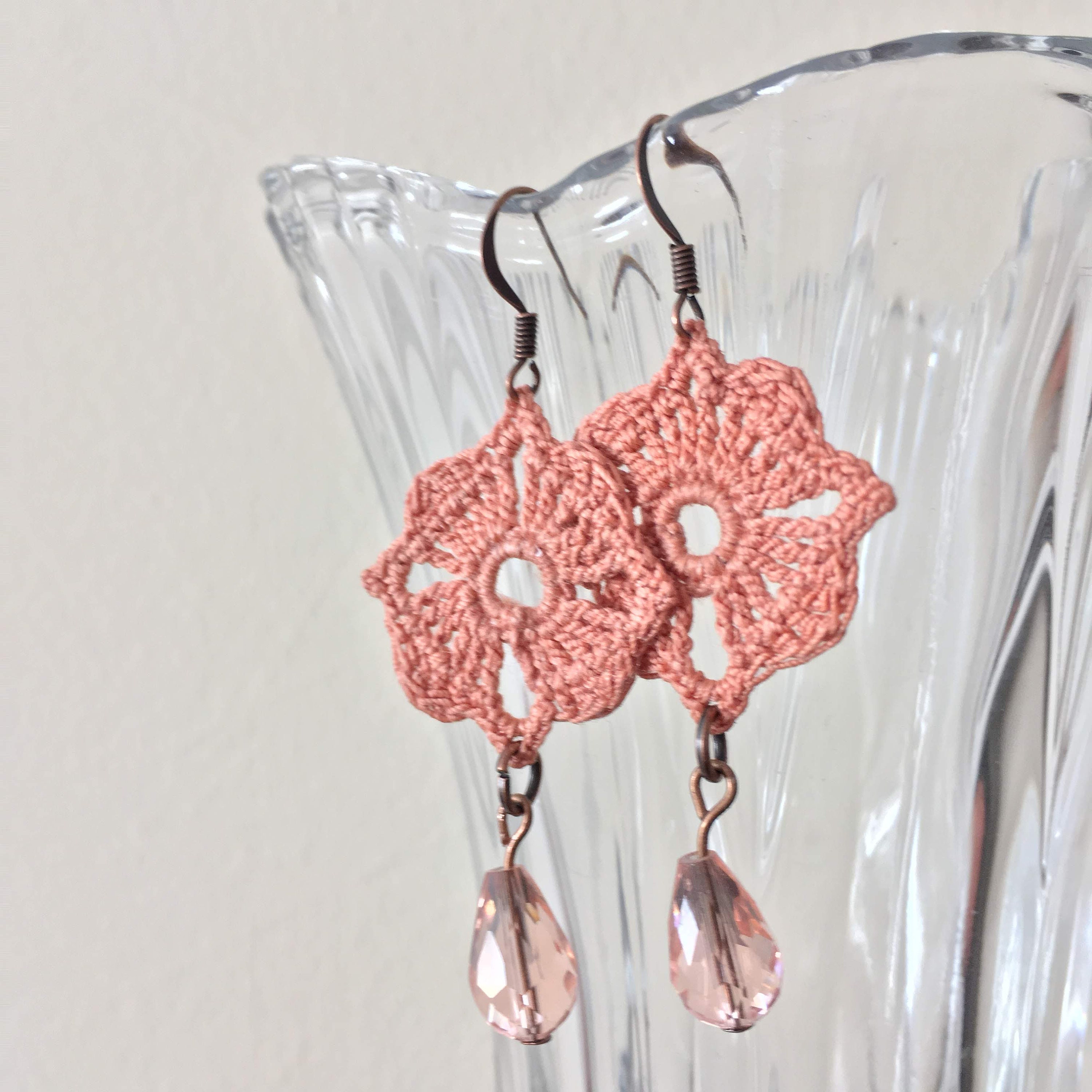 Pink Earrings With Teardrop Crystal Beads, Crochet Lace Earrings, Handmade Chandelier Earrings, Crochet Jewelry, Mothers Day Gift for Mom - Thumbnail 5