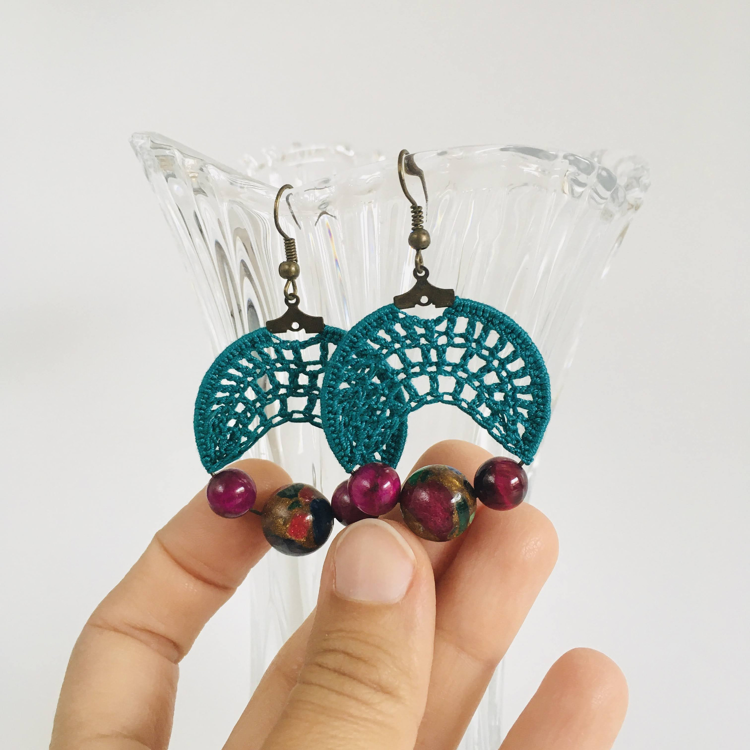 Emerald Green Dangling Crochet Earrings with Purple Glass Cat's Eye Beads, Bright Bold Color Block Hoop Earrings, Statement Cotton Jewelry - Thumbnail 4