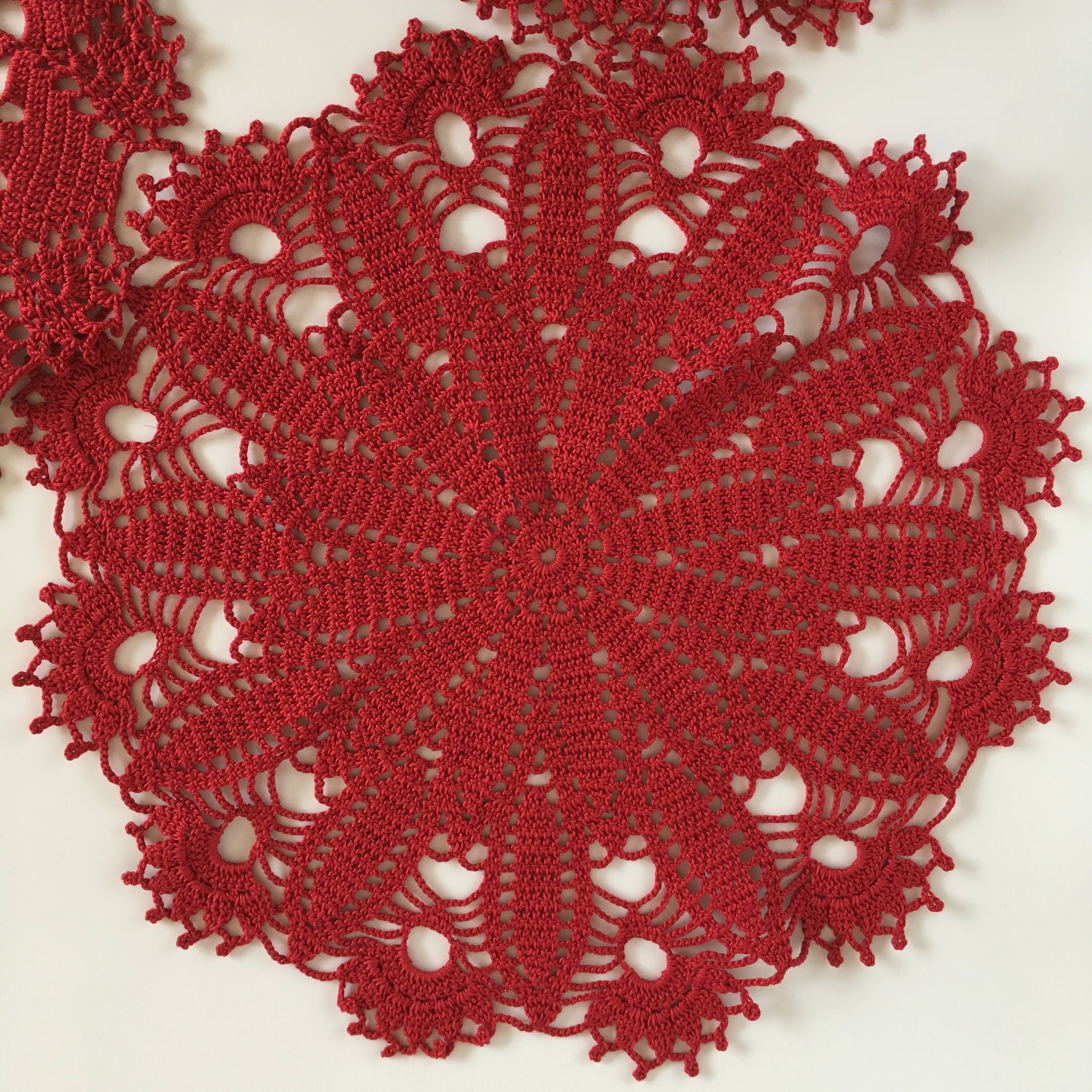 Doily Lot of 3 Red Lace Doilies, Small Crochet Round Table Cloths, Handmade Cotton Crochet Doilies, Retro Home Decor, Boho Gift for Mom - Thumbnail 4