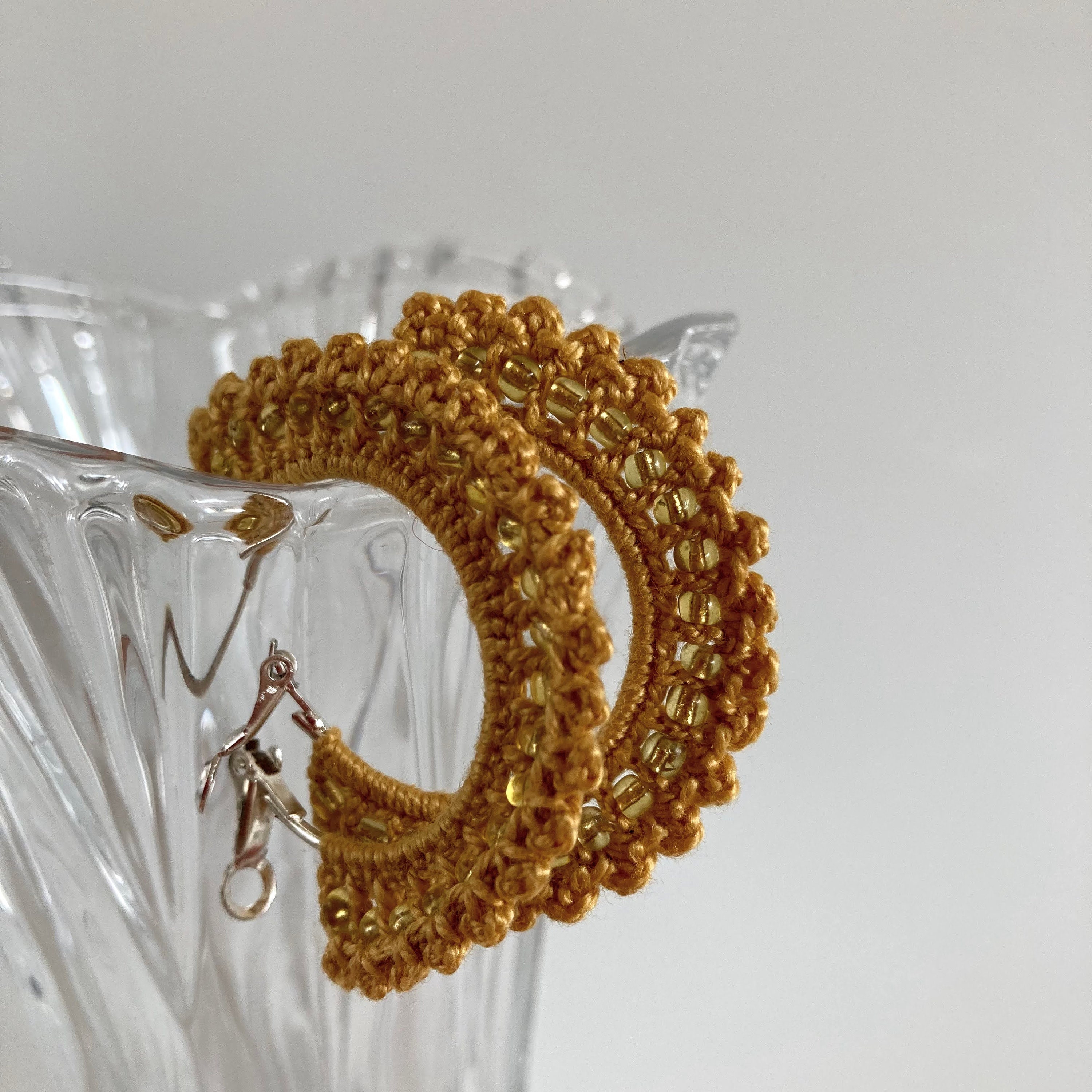 Mustard Yellow Crochet Hoop Earrings, Scalloped Fan Shaped Earrings with Beads, Elegant Beaded Hoops, Gold Tone Autumn Jewelry, Crochet Gift - Thumbnail 6