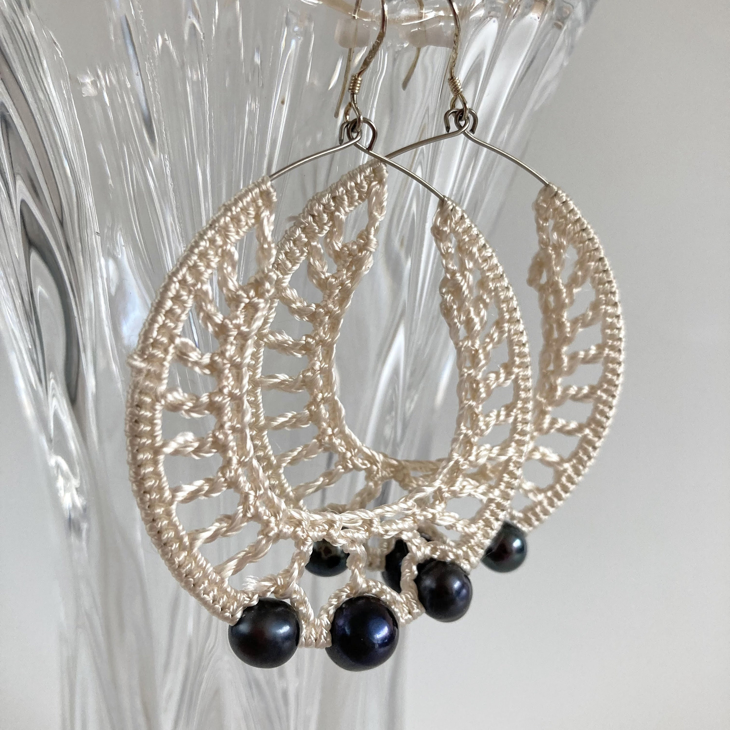 Black Pearl Silk Crochet Earrings, Shimmering White Elegant Crochet Hoops, Beaded Large Drop Earrings, Big Teardrop Earrings, Bridal Jewelry
