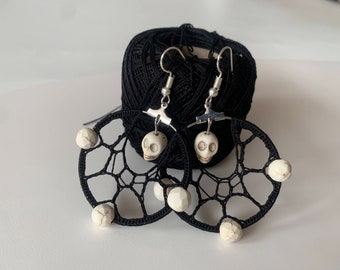 Dangle Spooky Earrings, Bead Crochet Earrings, Handmade Rock Chic Skeleton Skull Earrings, Spider Web Drop Earrings, Black Lace Earrings