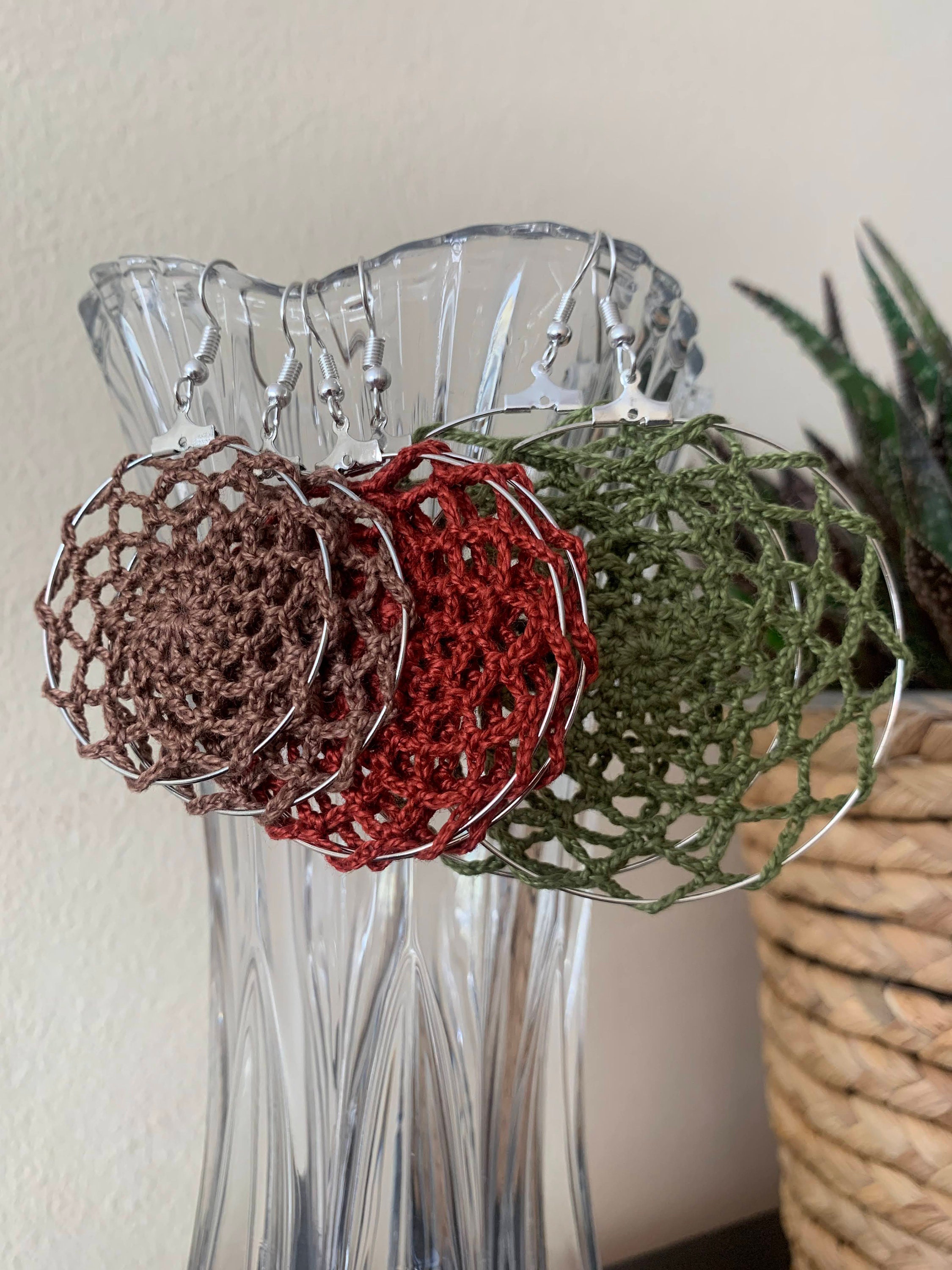Cottagecore Cotton Crochet Earrings , Circle Hoop Mandala Earrings, Tribal Indie Jewelry, Lighweight Summer Earrings, Doily Lace Earrings - Thumbnail 3