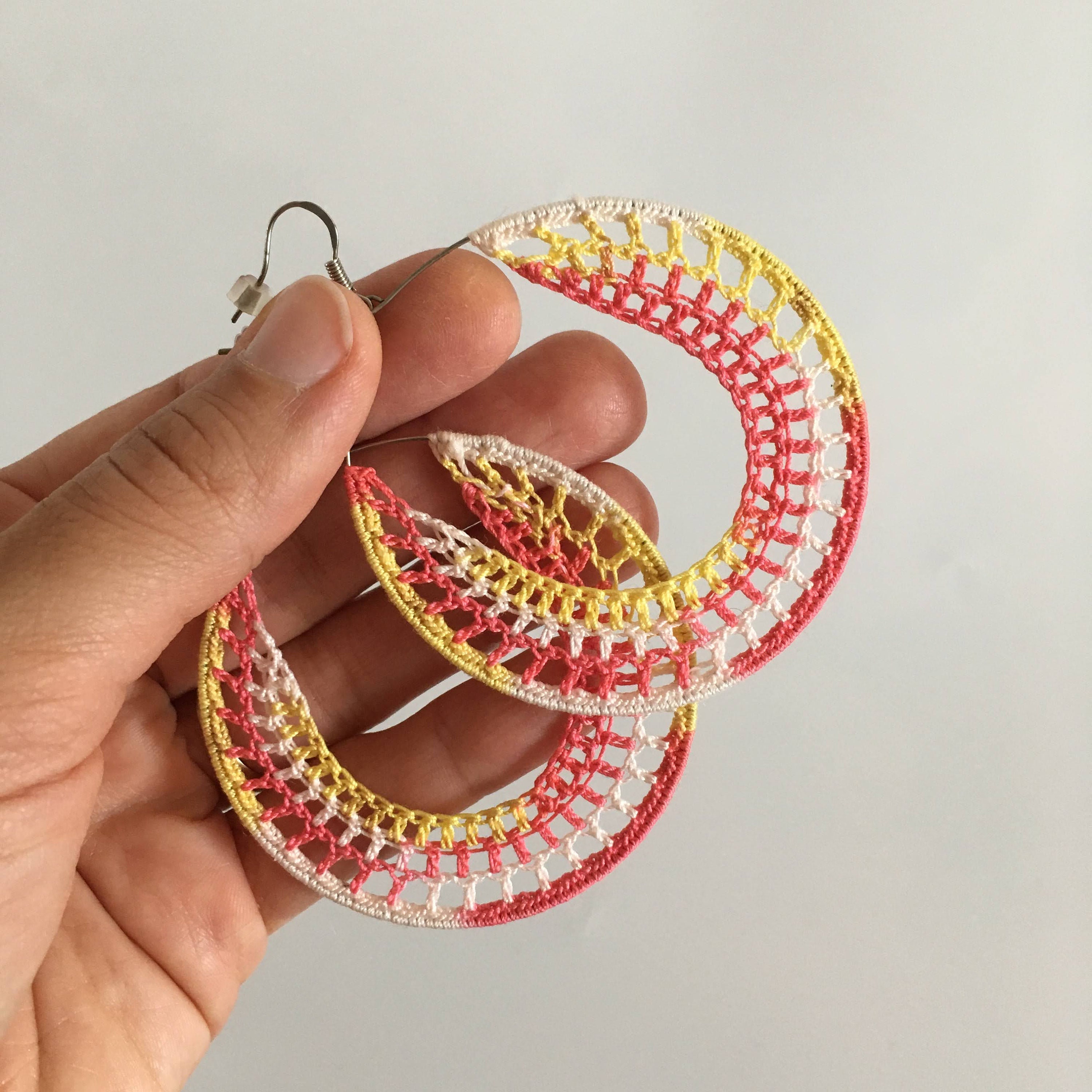 Big Hoop Ombre Earrings, Pastel Color Gradient Earrings, Round Crochet Artsy Earrings, Edgy Color Block Jewelry, Trendy Textile Accessories - Thumbnail 7