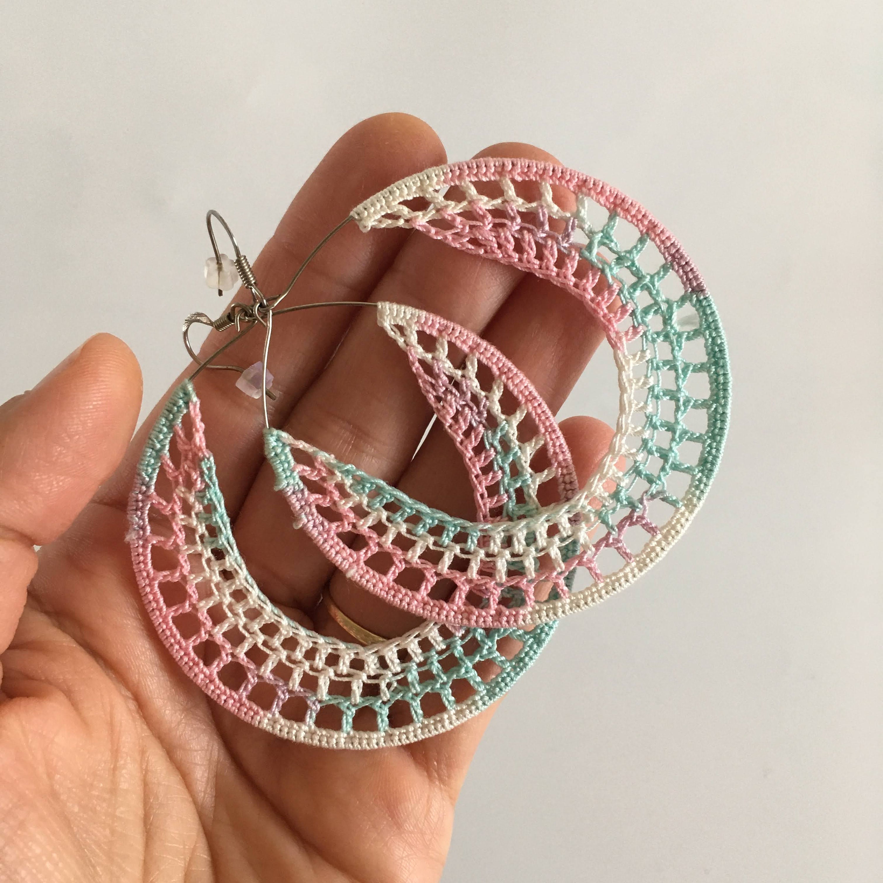 Big Hoop Ombre Earrings, Pastel Color Gradient Earrings, Round Crochet Artsy Earrings, Edgy Color Block Jewelry, Trendy Textile Accessories - Thumbnail 4