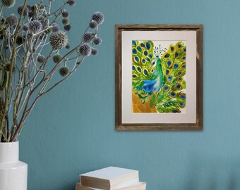 Peacock Watercolour Art Print, overlaid with Gold Gouache. A5 Giclee Print.